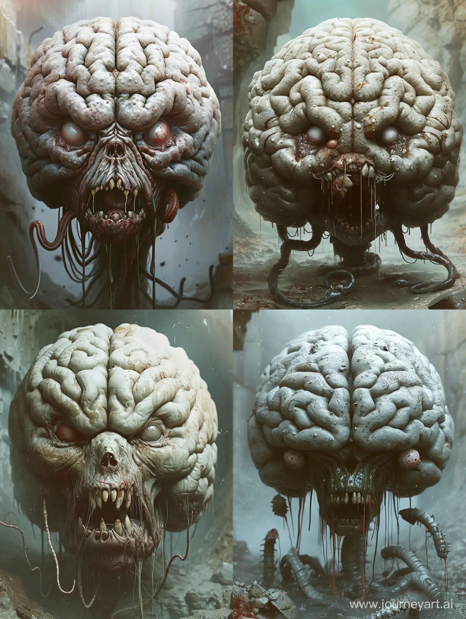 a grotesque and highly detailed fantasy or horror creature. It appears to be a monstrous version of a brain-like entity with several anatomical and otherworldly characteristics:

The creature's head is oversized and reminiscent of a human brain, with many folds and textures that suggest grey matter.
The surface of the "brain" also has numerous pustule-like structures, which give it an unsettling, diseased appearance.
The entity has two eyes that are glaring forward. These eyes have humanoid features but look bloodshot and ferocious.
Below the eyes, there's a wide, gaping mouth, lined with sharp, irregular teeth. The mouth is open as if the creature is growling or screaming.
Stringy, saliva-like strands are visible dripping from the mouth, adding to the visceral and disturbing character of the image.
Several tentacle-like appendages, resembling oversized brain convolutions or worms, extend from the base of the head, suggesting that the creature may move or manipulate objects with these.
The background is blurry, but it seems to be an environment with a cold and damp atmosphere, possibly a dungeon or cave, which complements the horror aesthetic of the creature.
Overall, the image is likely designed to create a visceral and unsettling effect, and could be concept art from a horror game, movie, or another piece of speculative fiction. The image is rich in texture and detail, emphasizing the grotesque and surreal nature of the creature it depicts.