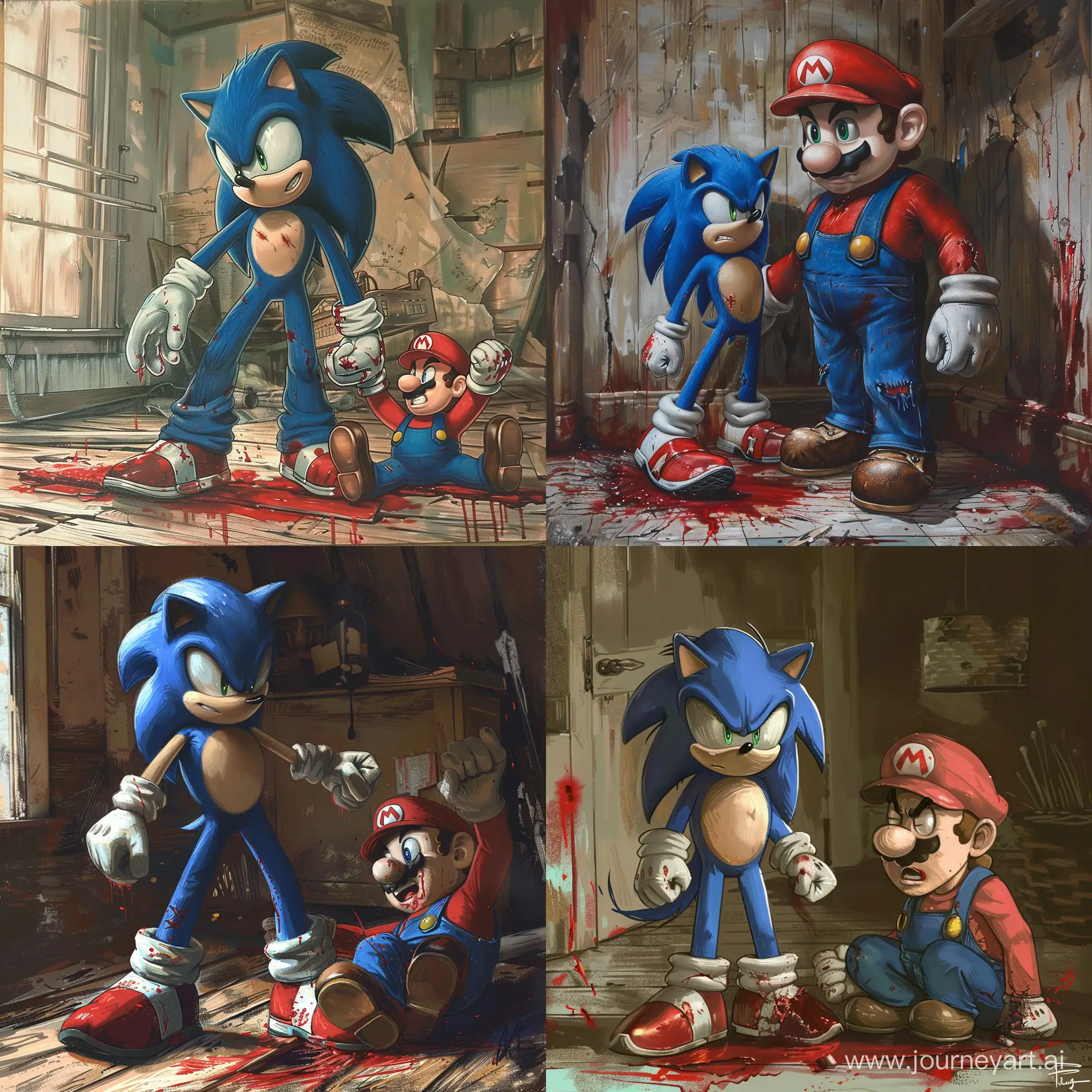 Sonic standing over a mario who is on the floor add red blood make more gaming artwork 