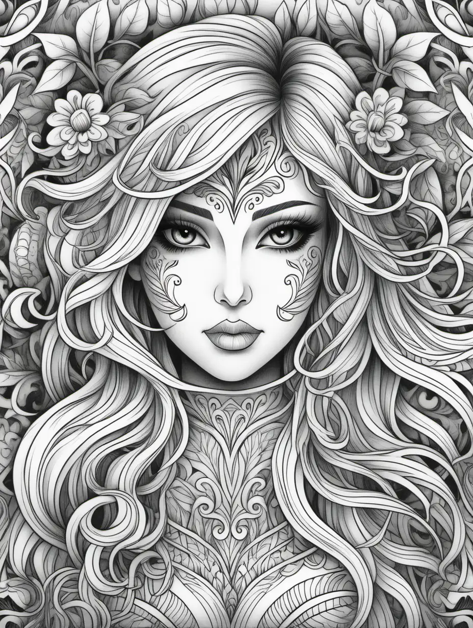 Detailed Black and White Adult Coloring Book Illustration with Stocks