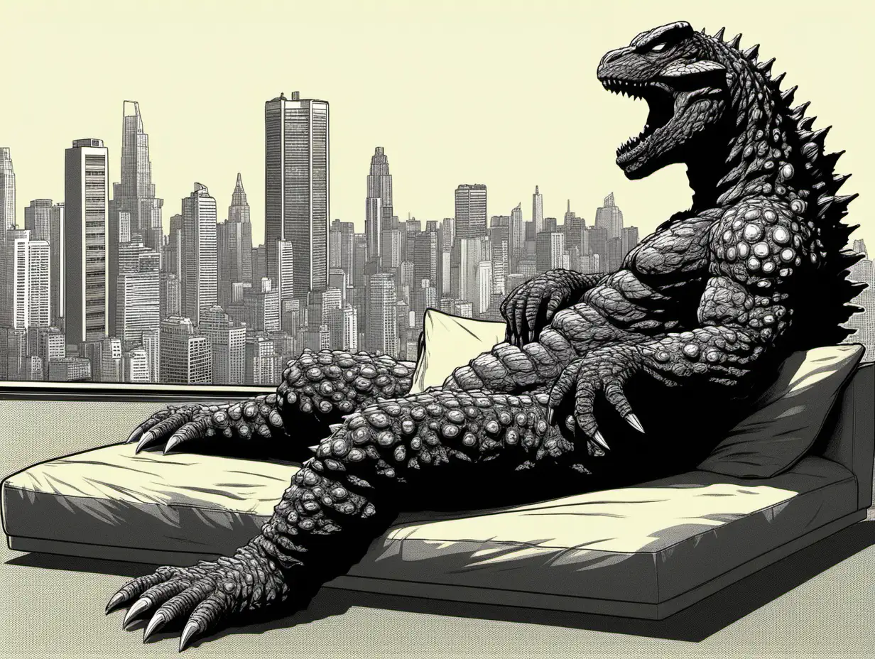 Chilled Godzilla Unwinding by the Cityscape