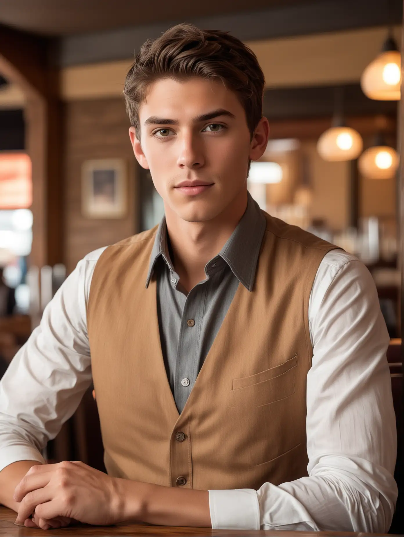 Handsome and sexy American boy, in a western restaurant, facing the camera, handsome, exquisite facial features, professional photography technology, full body photo