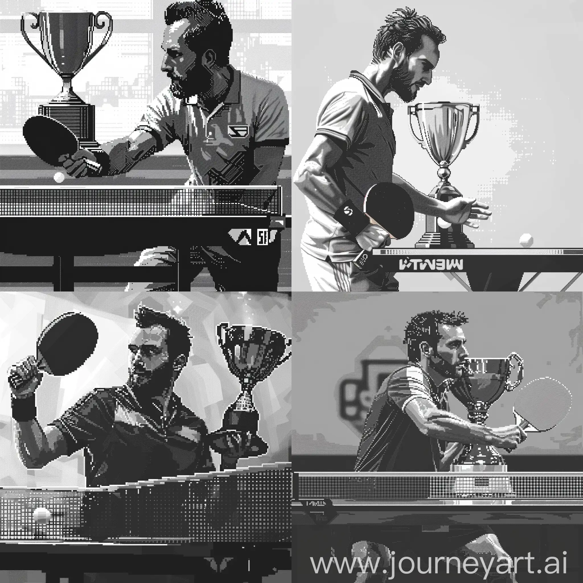 Man-Playing-Table-Tennis-in-Monochrome-Pixel-Art-with-Trophy-Background