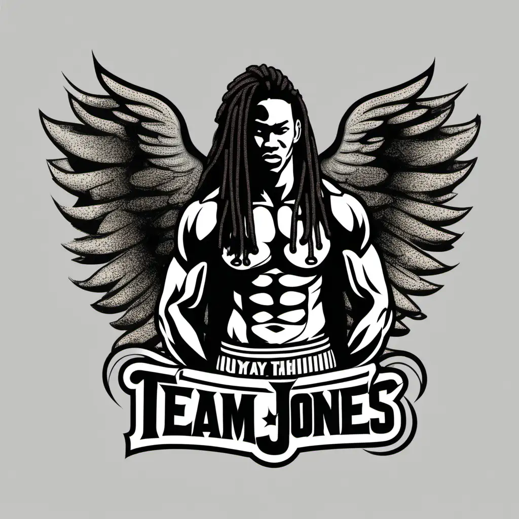 Muay Thai fighter with wings long dreadlocks boxing gloves  for logo simple that says team jones
