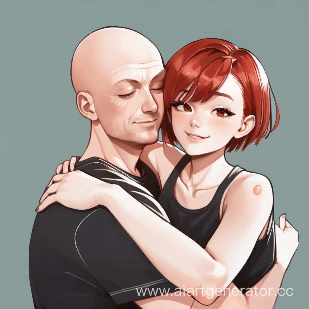 Affectionate-Bald-Man-and-Short-RedHaired-Woman-Embracing