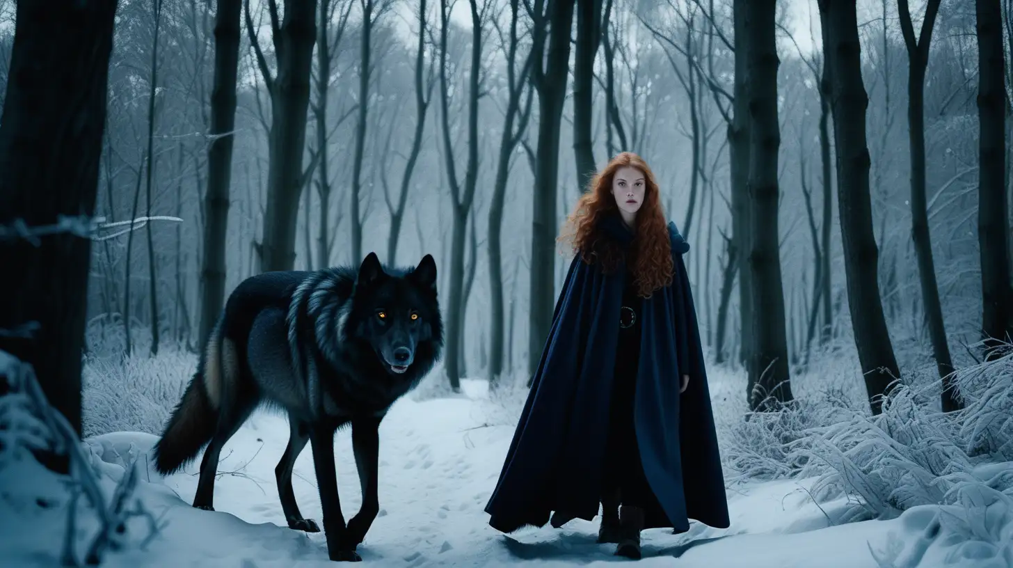 A cinematic scene shot on a Nikon EM 35mm, wide angle shot from top of a gigantic black wolf next to a young woman with long free wavy ginger hair and cobalt eyes dressed in a long cloak, walking in a dark forest in winter, realistic, high detail