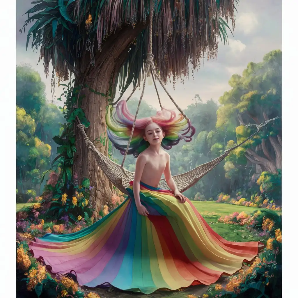 RainbowHaired Girl Swinging on Floral Swing in Enchanted Forest