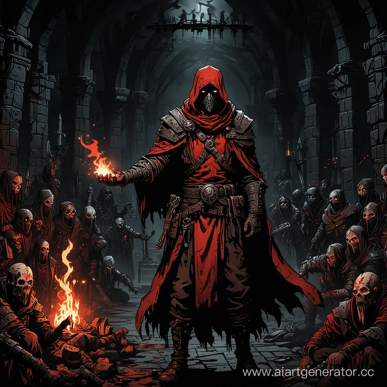 шпрехтальмейстер darkest dungeon зовёт людей на арену,изобрази всё в красном