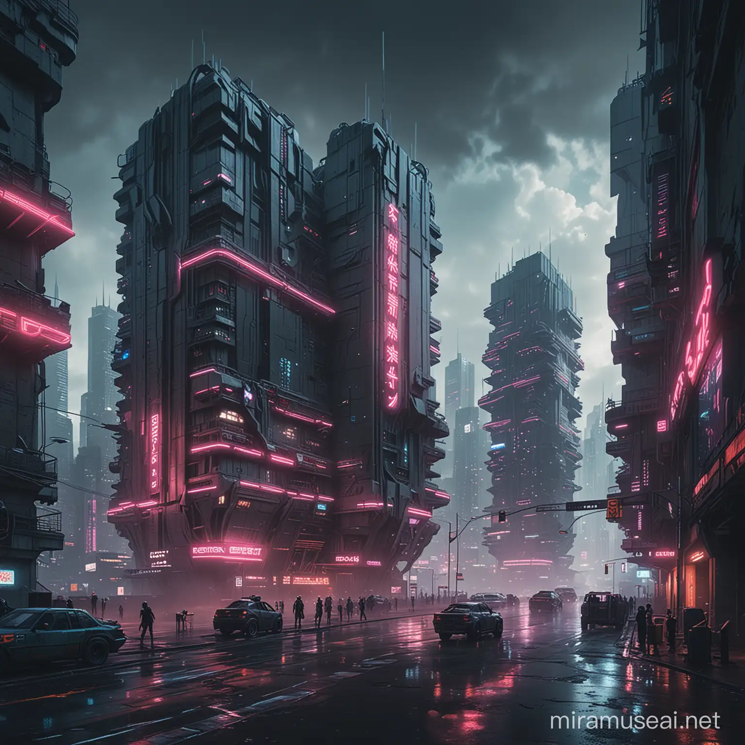  The city is a cyberpunk futuristic  brutalist architecture with a lot of concriete and neon lights