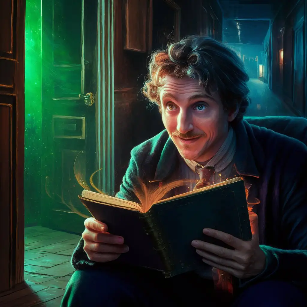 European-Young-Man-with-Mysterious-Diary-in-Green-LightEmitting-Room