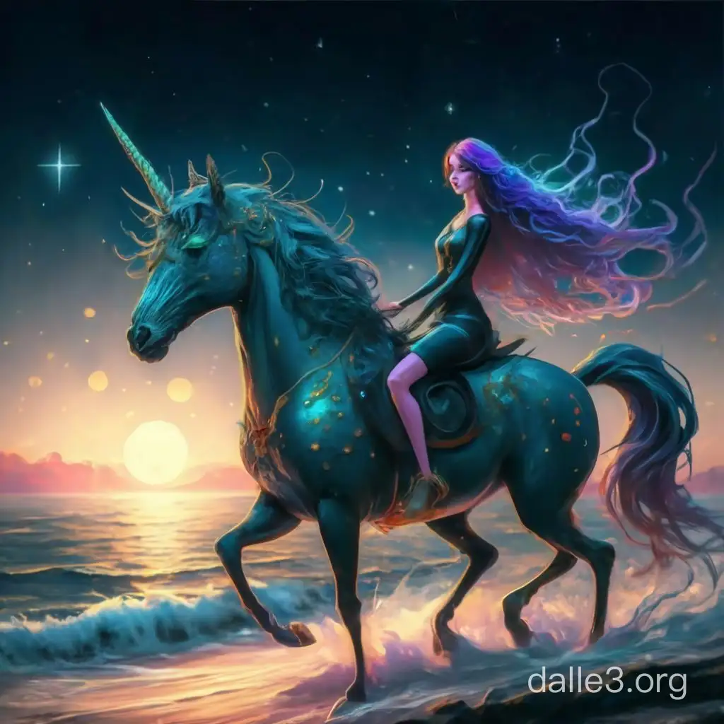 A beautiful girl with purple hair riding a black unicorn on a moonlit path over the sea, sparks of stars, warm colors