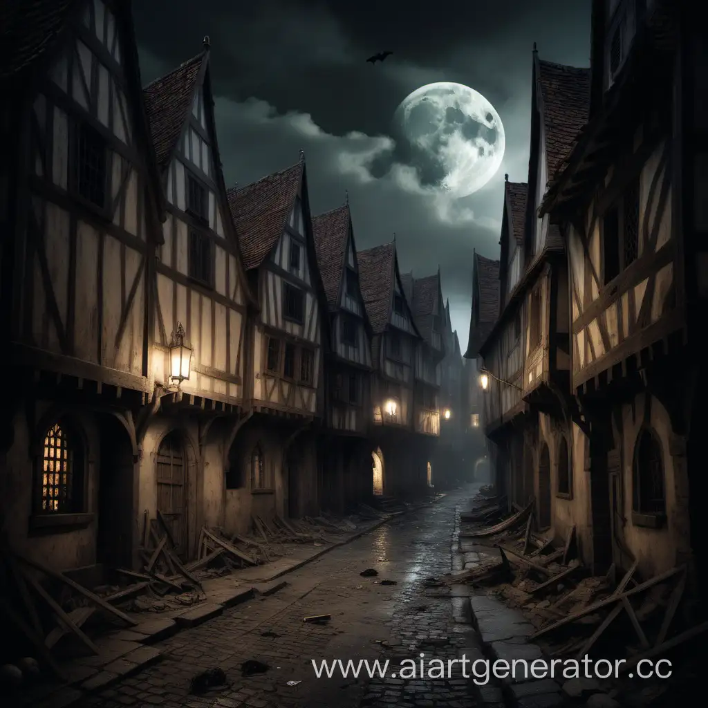 Мрачная улица в средневековом городе захваченном чумой . Под окнами домов лежат люди пораженные чумой , некоторые из них уже мертвы . На улице ночь , а на небе полная луна 