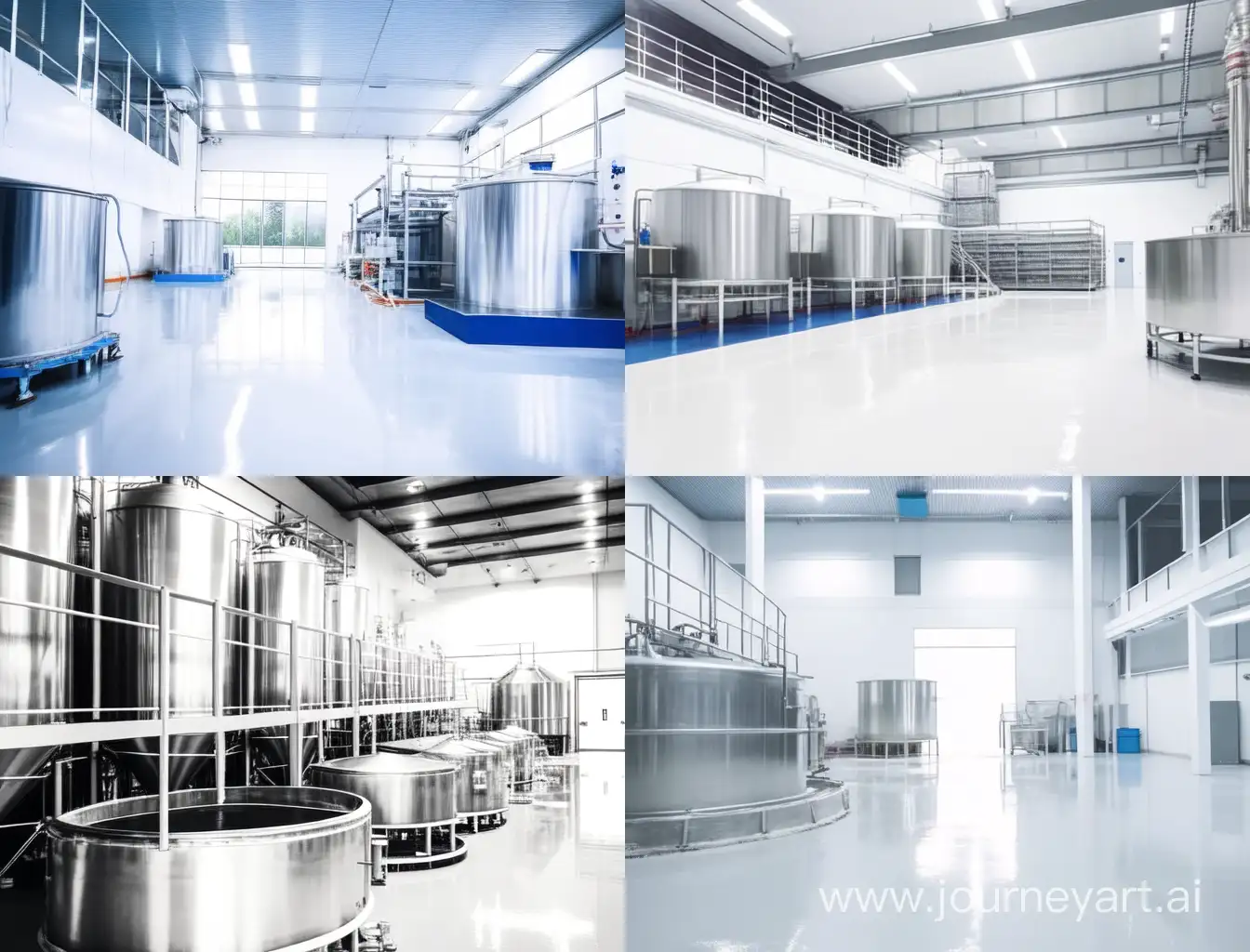 Metalworking Centre Manufacture of stainless steel products. Large metal tanks, a large metal container with a valve. Light shop with white walls and a dark concrete floor covered with liquid glass products.