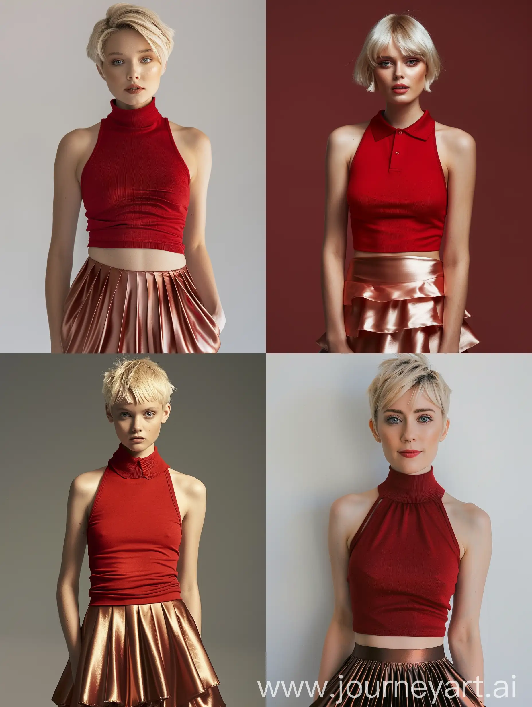 Blond hair woman, short hair, red halter polo
neck,
tall, slim, satin layered mini skirt
