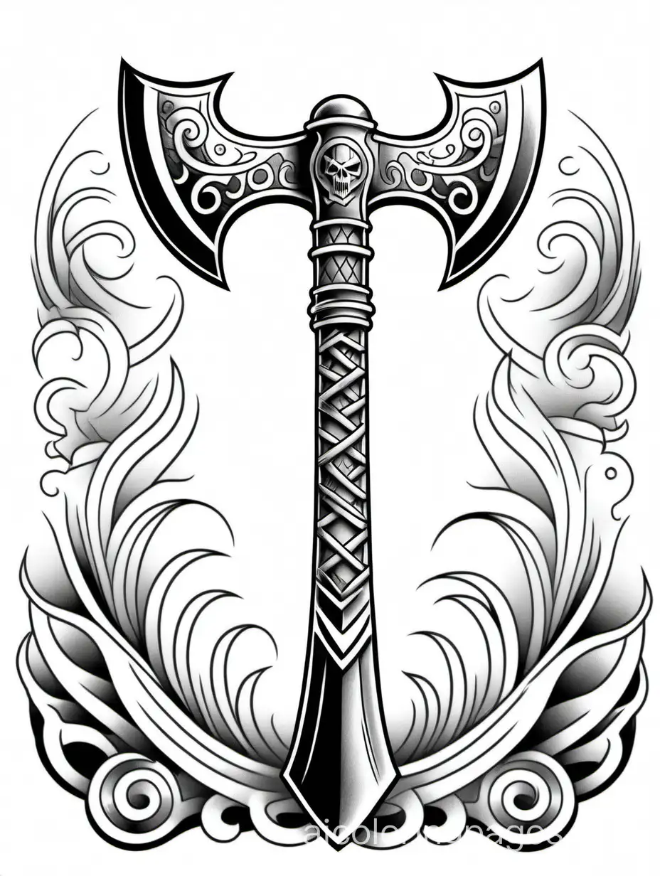 battle axe, tattoo, hardcore, , Coloring Page, black and white, line art, white background, Simplicity, Ample White Space. The background of the coloring page is plain white to make it easy for young children to color within the lines. The outlines of all the subjects are easy to distinguish, making it simple for kids to color without too much difficulty