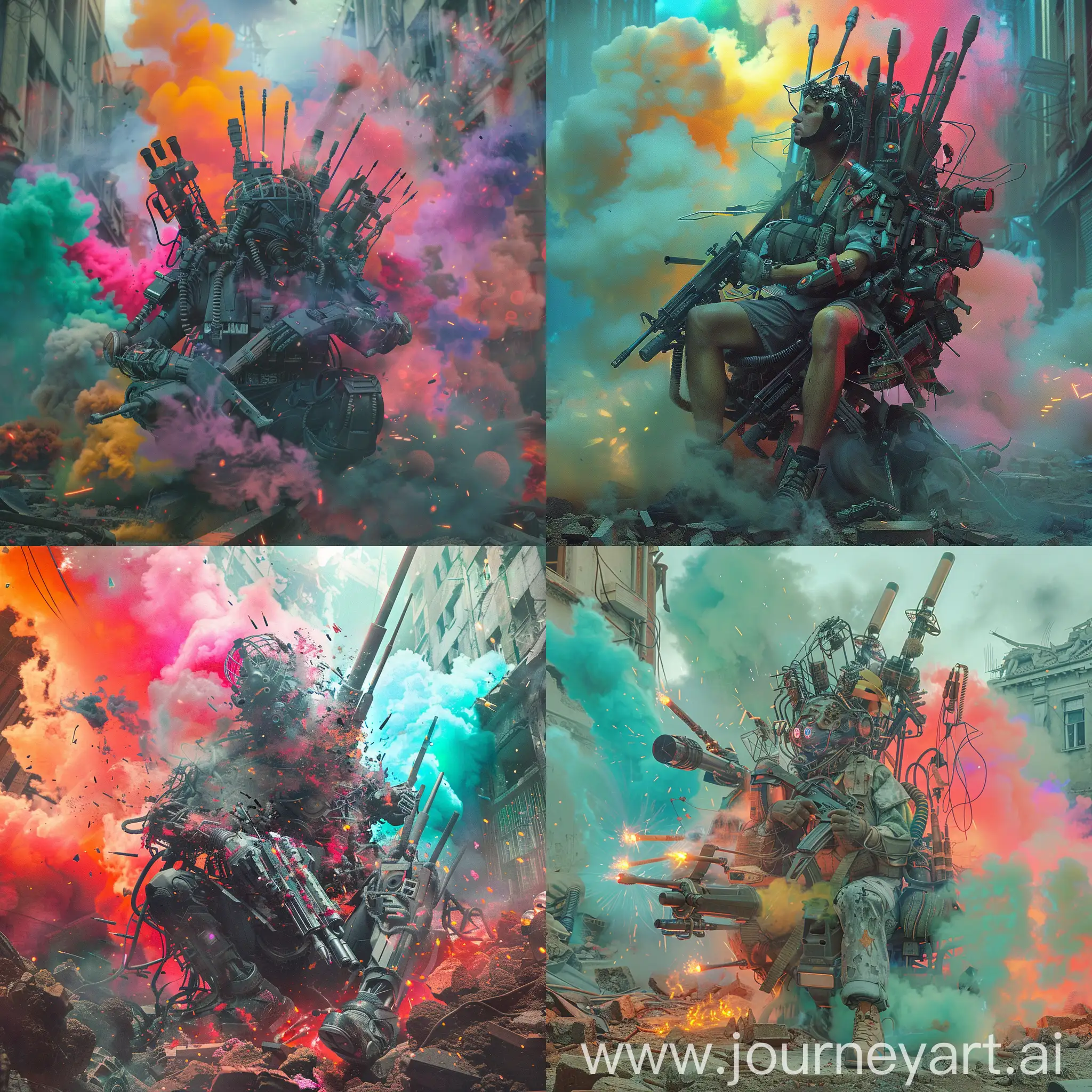 Futuristic-Warrior-in-Detailed-Robot-Suit-Amidst-Urban-Destruction-with-Vibrant-Smoke