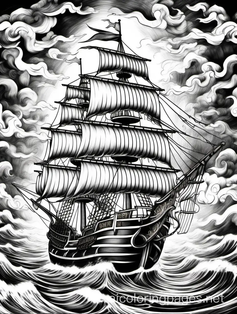pirate ship in dramatic storm, Old world masterpiece style, extremely detailed, colorful, flamboyant, colorful, fantasy, beautiful high detail, crisp quality, lull color, oil on canvass. The outlines of all the subjects are easy to distinguish. Colorful.
, Coloring Page, black and white, line art, white background, Simplicity, Ample White Space. The background of the coloring page is plain white to make it easy for young children to color within the lines. The outlines of all the subjects are easy to distinguish, making it simple for kids to color without too much difficulty