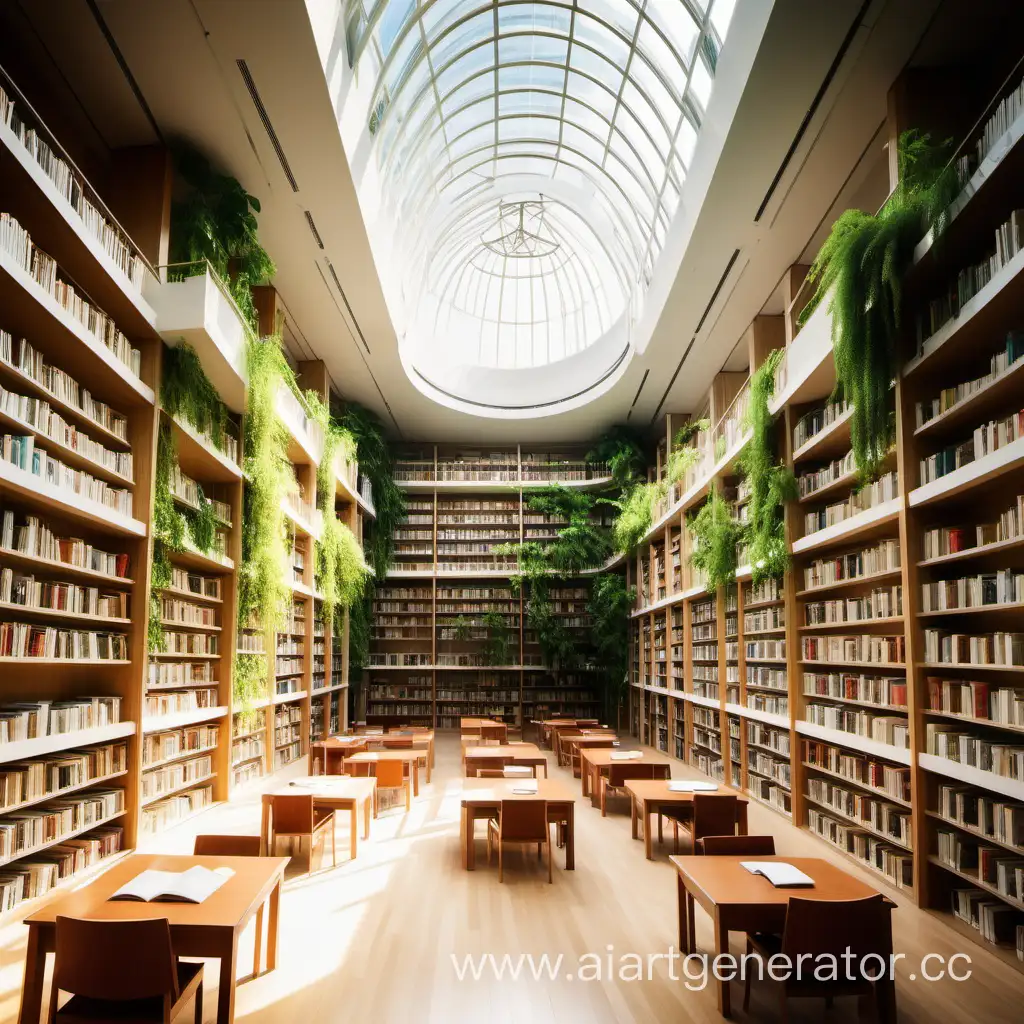 Интерьер болшой библиотеки, необычные книжные полки, светлые оттенки, много солнца и зелени  в помещении