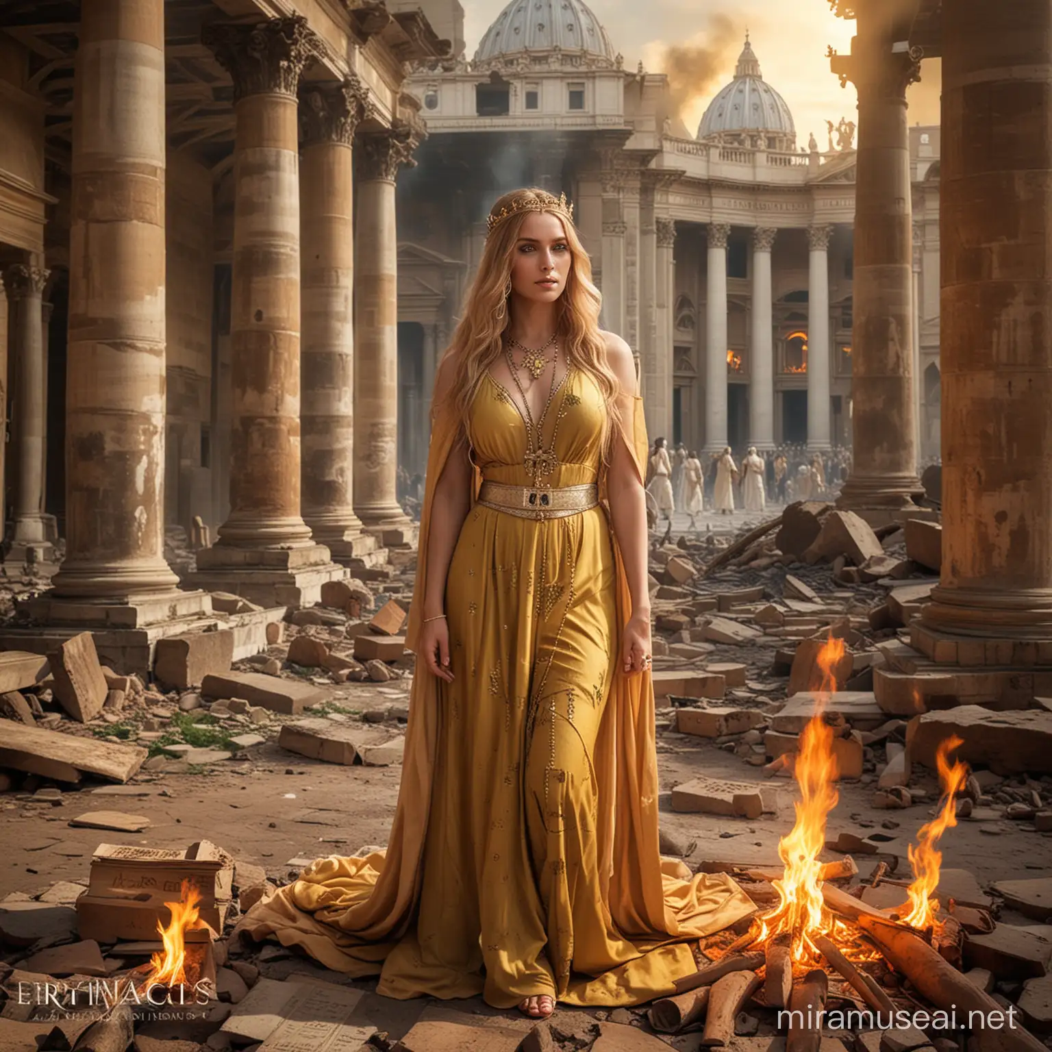 Rebeca the Omen Empress Goddess Amid Vatican Ruins and Flames