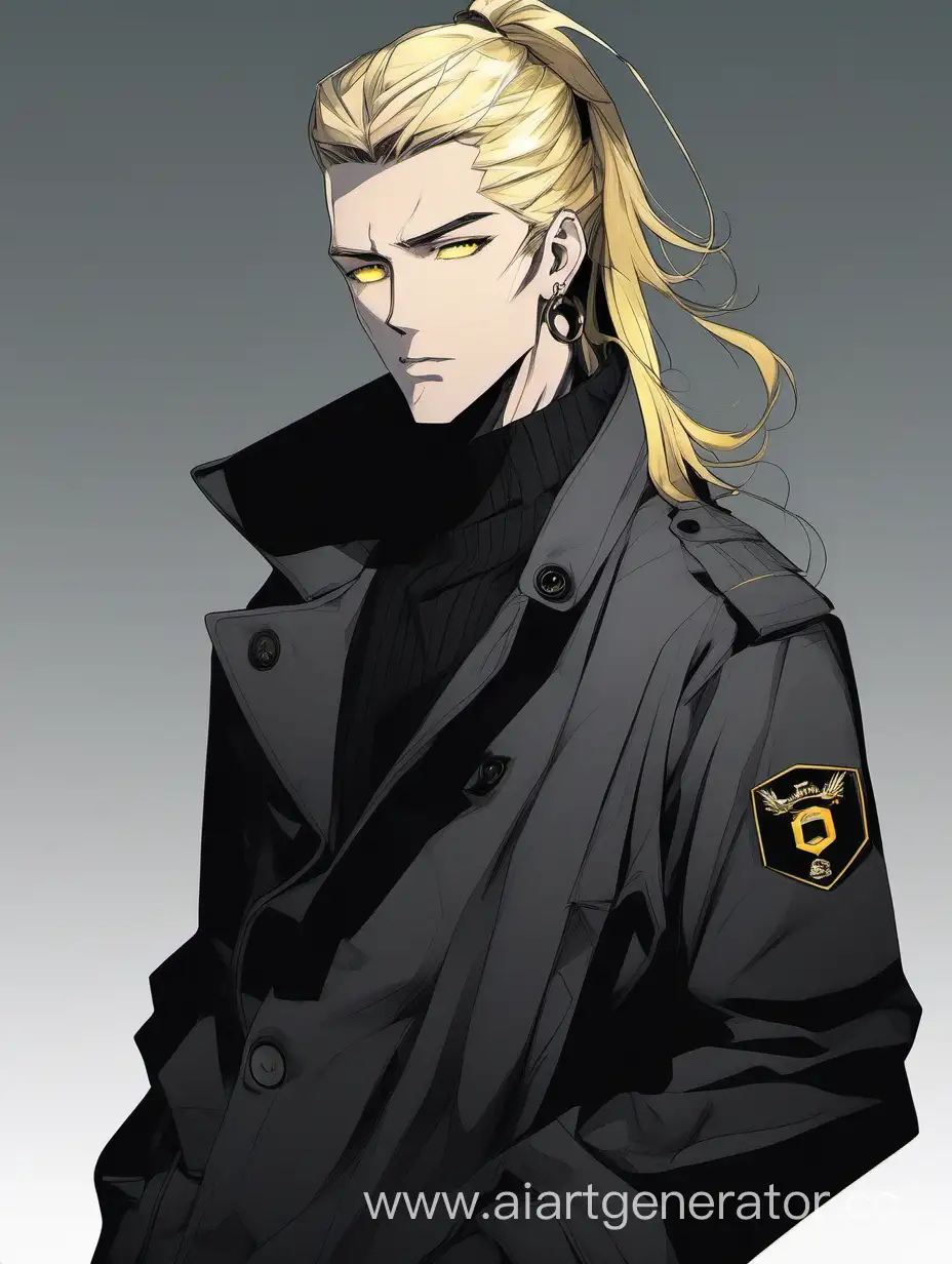 32 years old man; 192 cm; athletic frame; long blond hair tied into ponytail; yellow eyes; bristle; black ring-like earrings; dark pullover; black jeans; military boots; dark grey coat black scale on his cheeks; black scales have a hexagon shape