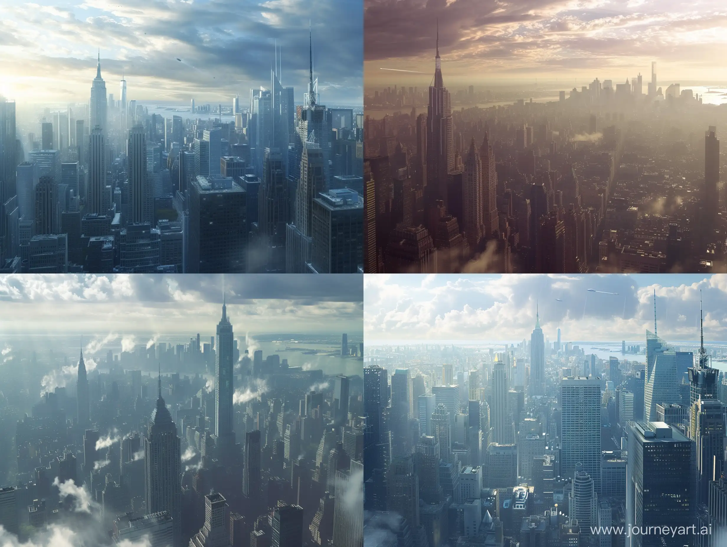 a matte painting scene of new york skyline, science fiction, full view,