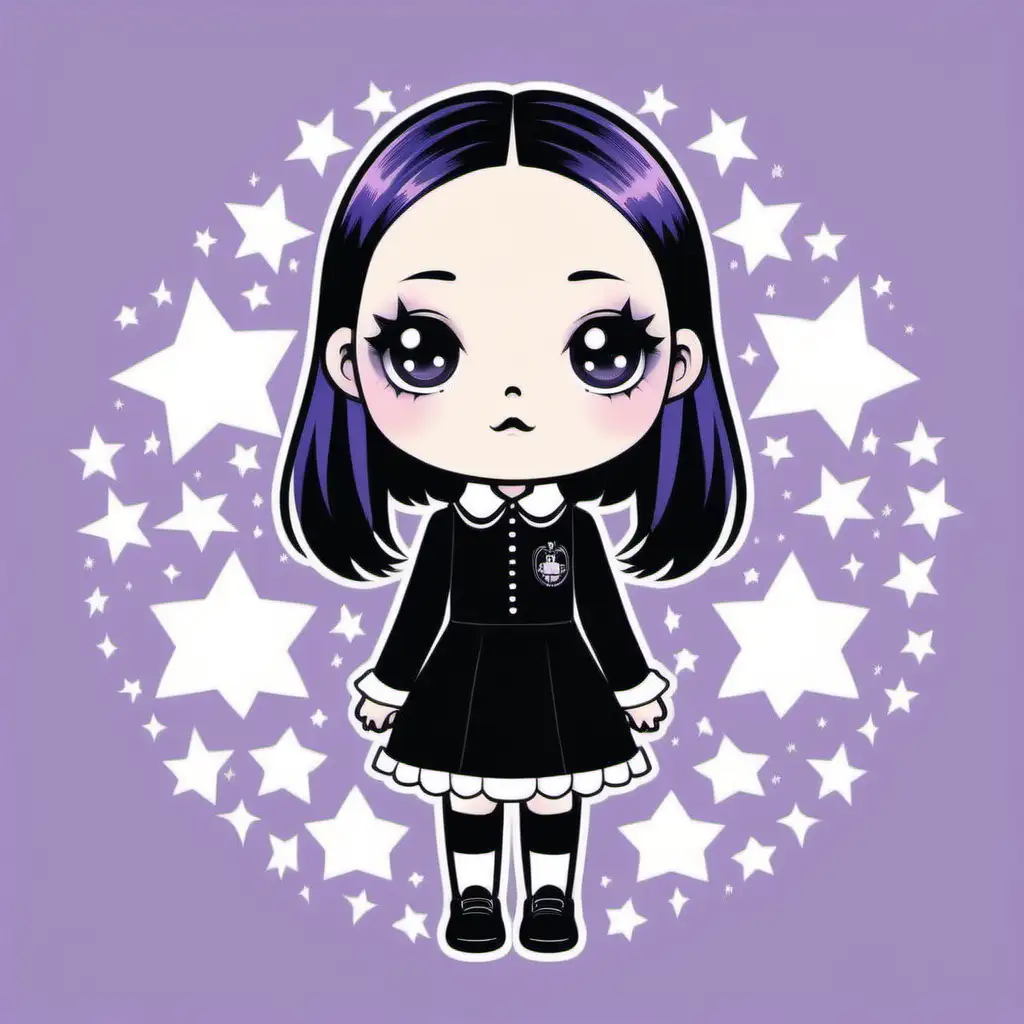 STYLE: flat vector illustration | SUBJECT: wednesday addams | AESTHETIC: pastel goth | COLOR PALLETTE: pastels | IN THE STYLE OF: sanrio, kawaii, chibi, little twin star — niji 5 — s 50