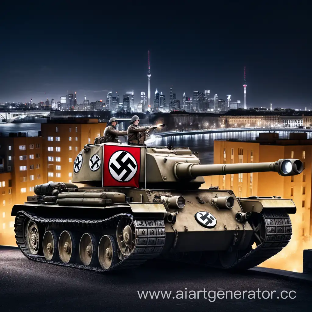 нацисты в танке
вывеска ««TNKF»» на здании по середине,  на фоне крупного, урбанизированного города, ночью, под освещением вывесок