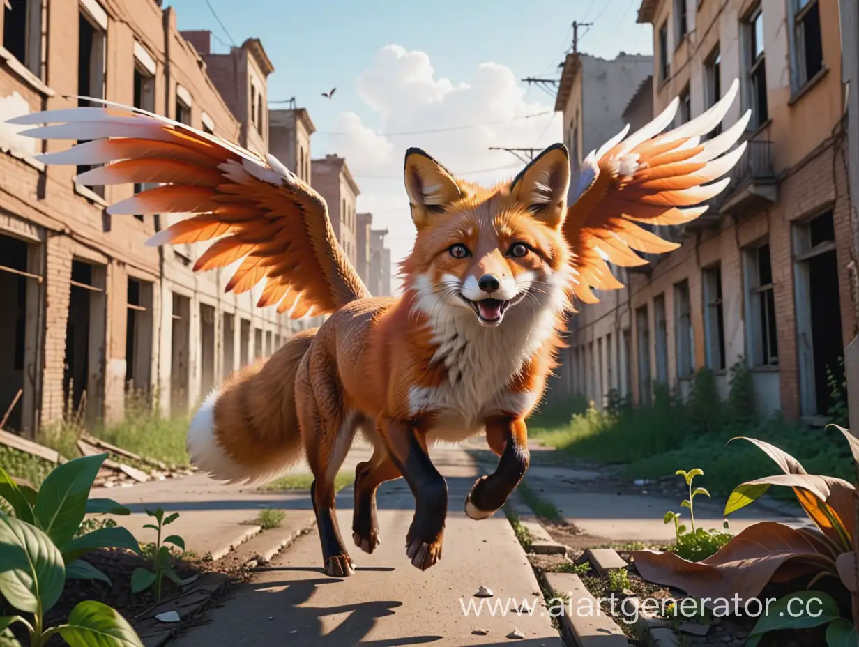 A running fox with wings on the background of an abandoned city in plants