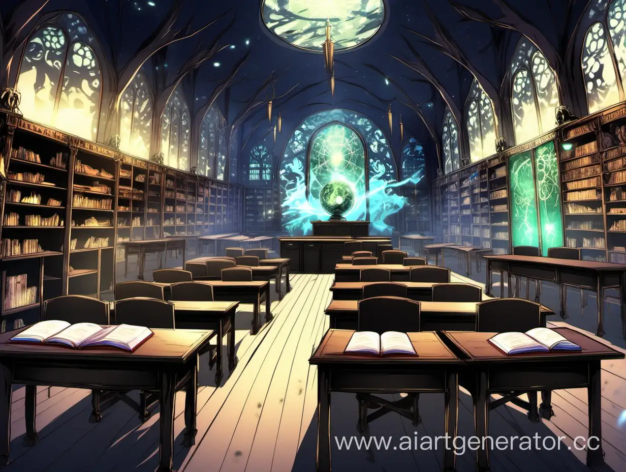 classroom in a magical academy for studying necromancy, anime style