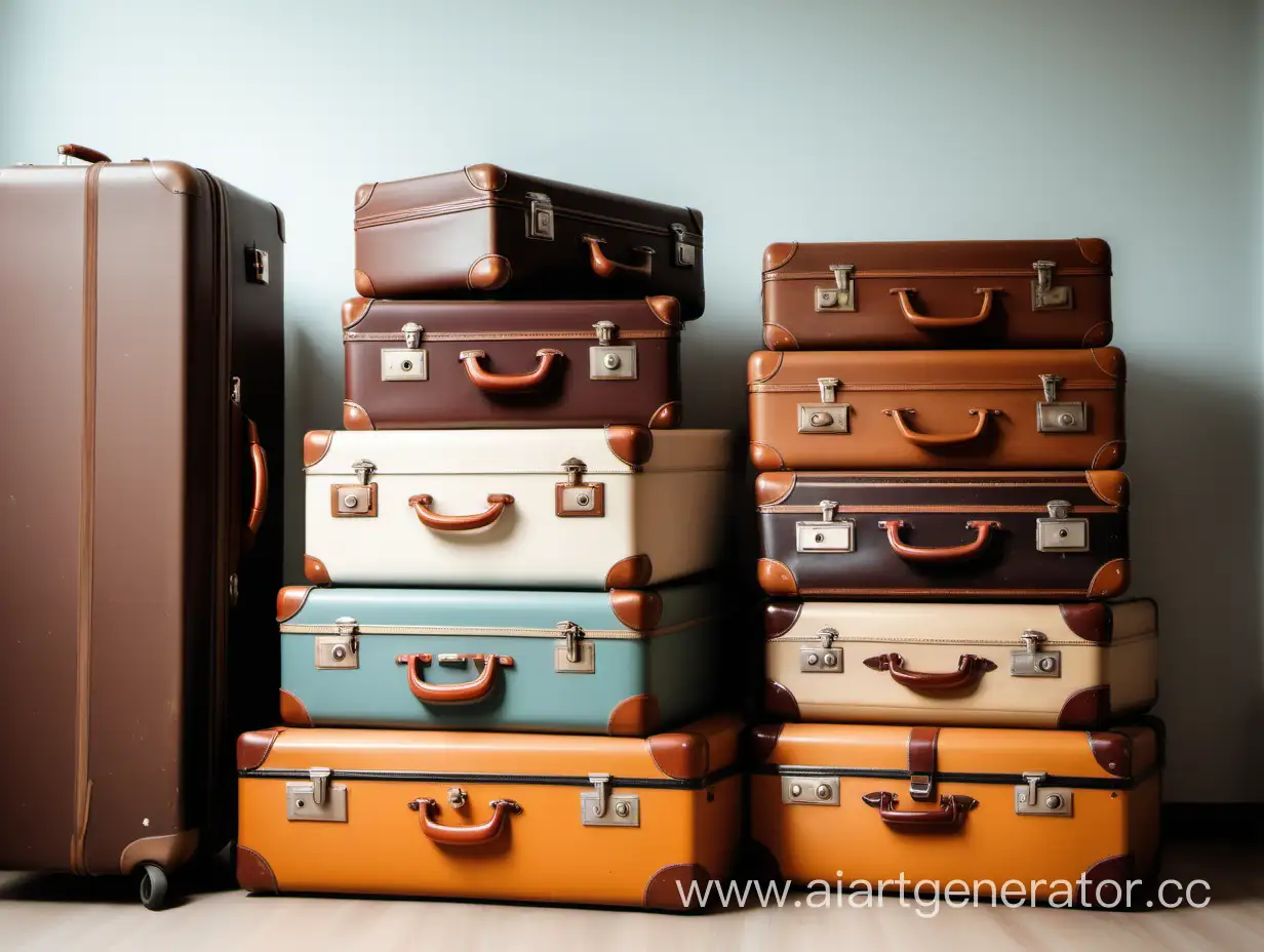 Много старых чемоданов в  ретро стиле разбросаны по комнате, готовы к путешествию, вид сбоку




