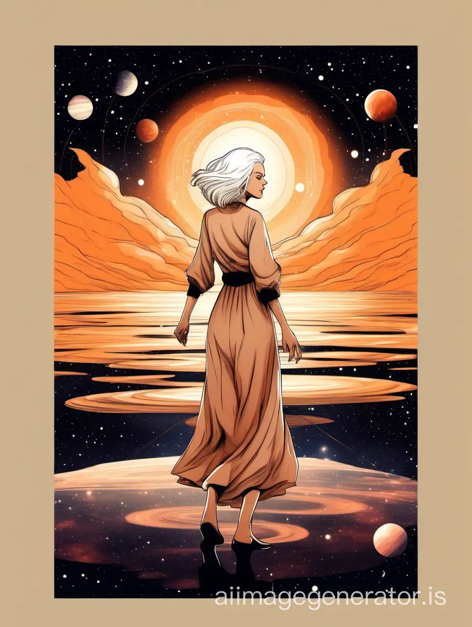 a woman with white hair wearing beige dress in wind on lotus lake . orange and black sunset in galaxy deep sky. cosmos Saturn view in collage style. vintage theme