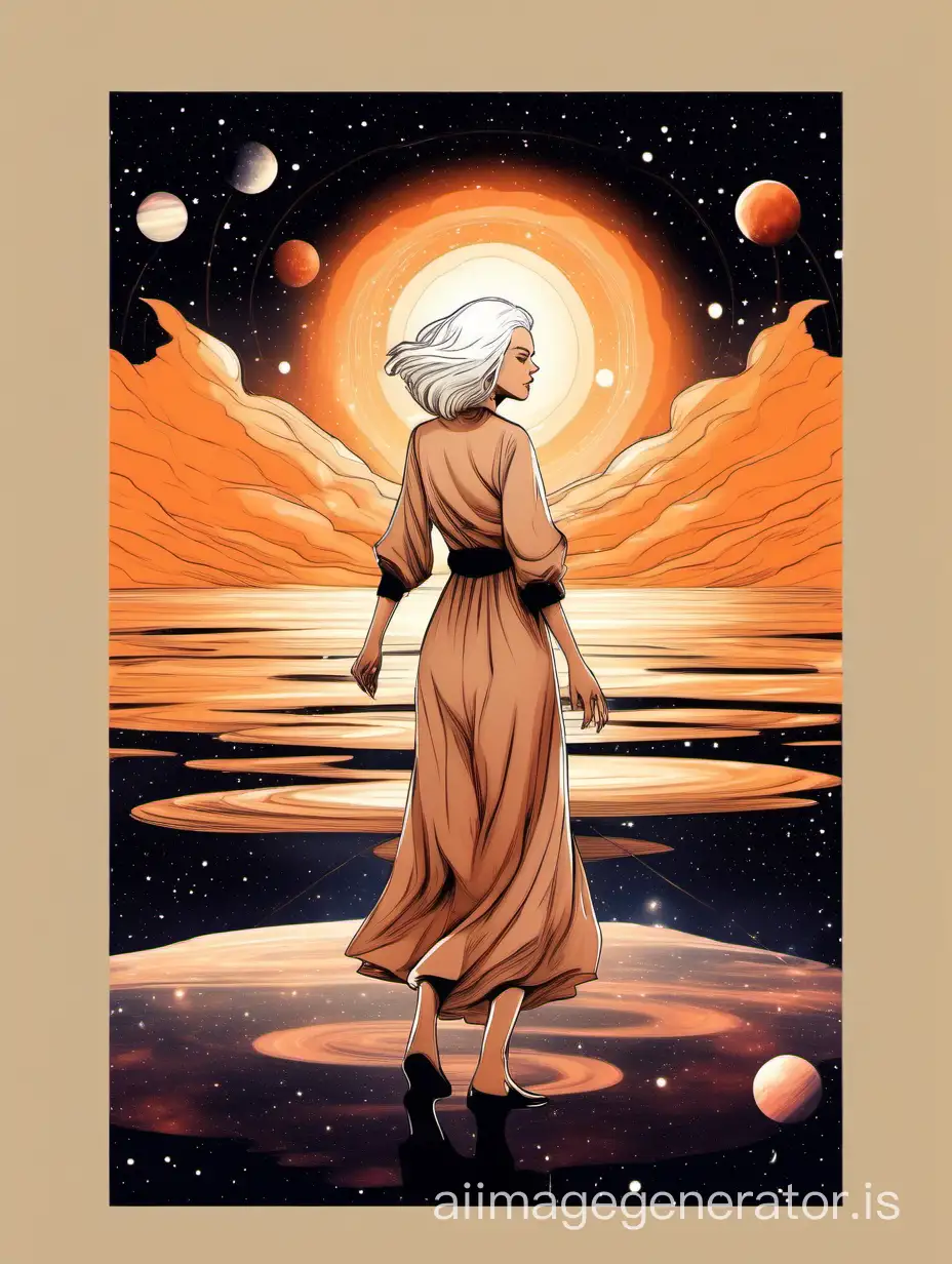 a woman with white hair wearing beige dress in wind on lotus lake .
orange and black sunset in galaxy deep sky. cosmos Saturn view
 in collage style. vintage theme