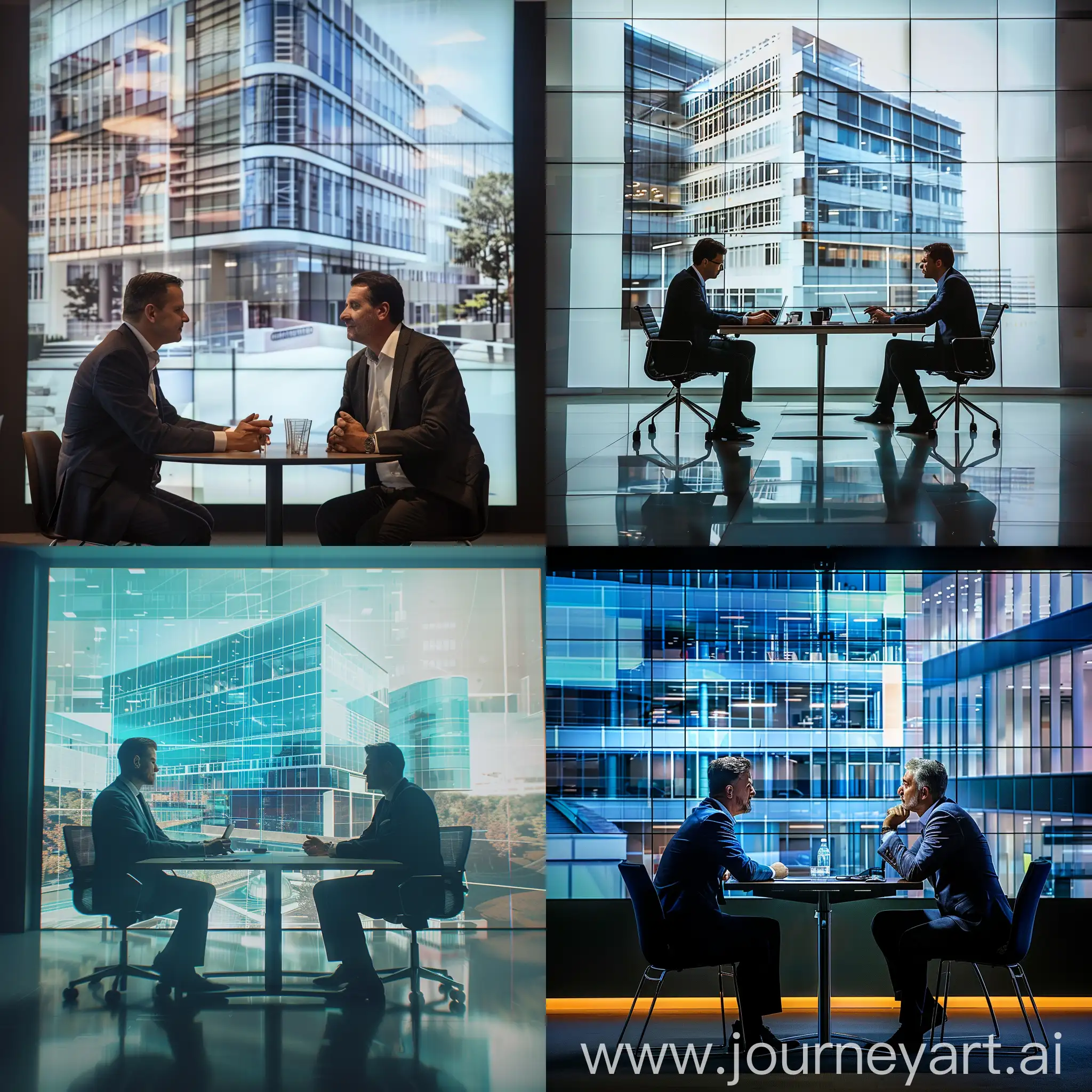 portrait of two businessmen at a table, office, negotiations, an office building is depicted on a large screen