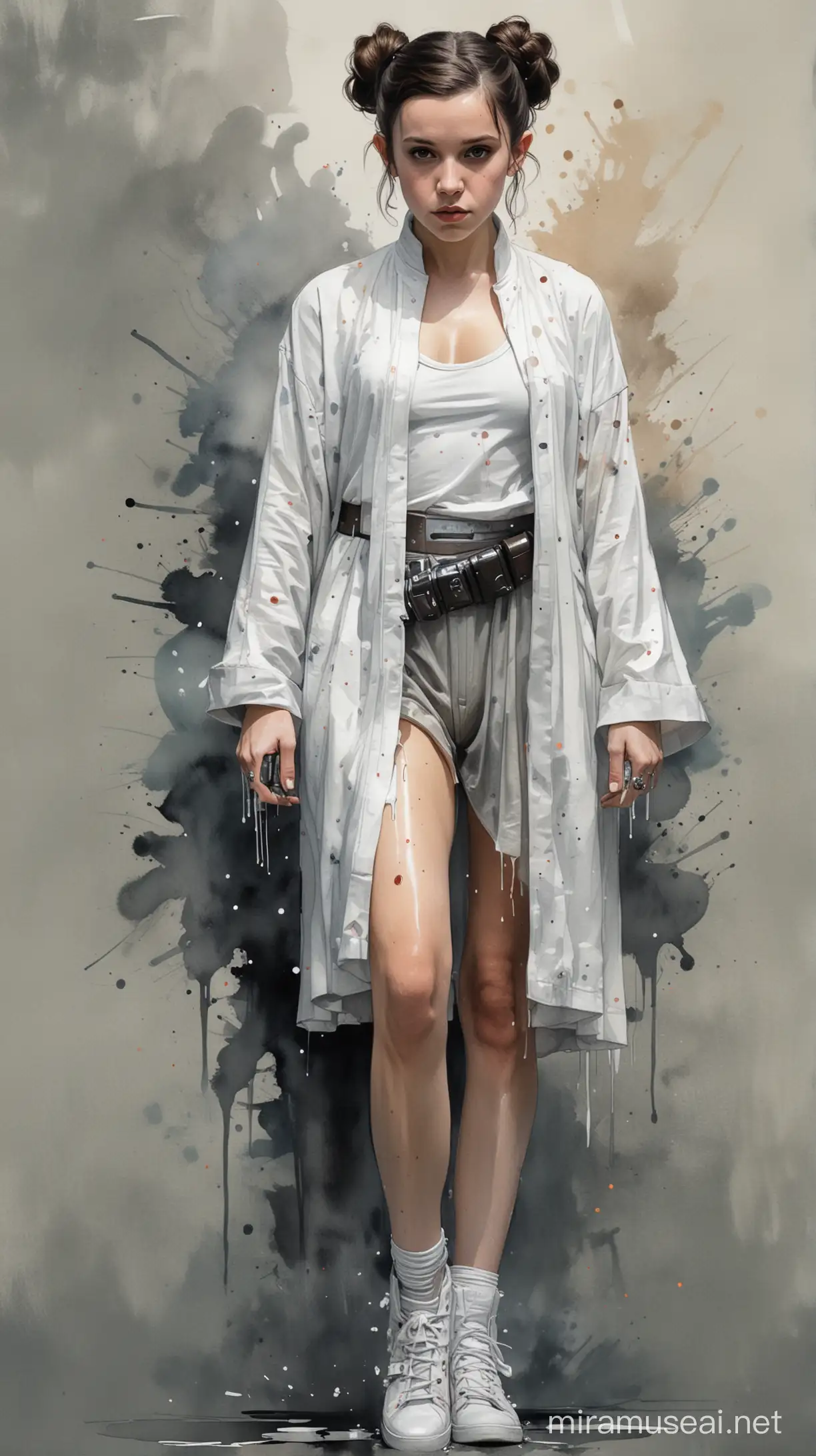 Alex Maleev illustration depicting young Millie Bobby Brown wearing Princess Leia attire, smooth shapely legs, messy watercolor, no distortion, gray palette, insanely high detail, very high quality, seen from above, forced perspective