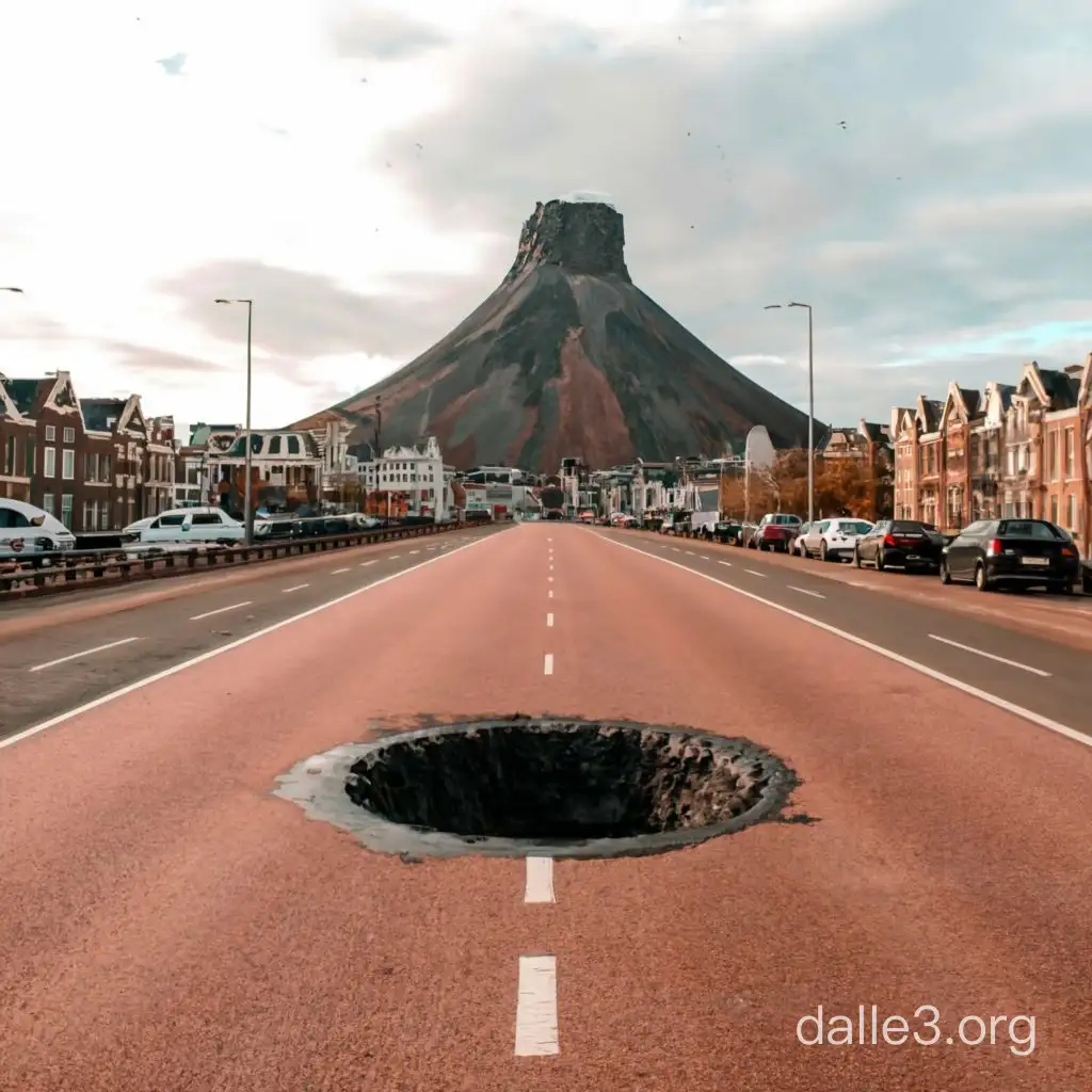 A road with a hole with quicksand in the middle next to a vulcano in the middle of amsterdam
