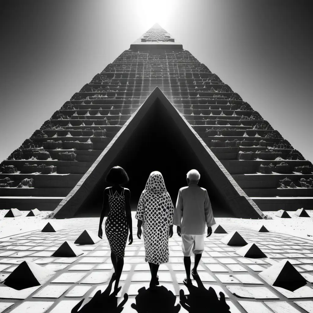 /imagine prompt: Black female, entering great pyramids, two men standing on each side of entrance, one elderly::3 anime::3 direct sunlight::3 ultra wide angle lens::3 yayoi kusama::3 grayscale color::3 rgb::3 aluminum::3 cotton::3  --aspect 1:1 --chaos 4 --weird 10 --tile