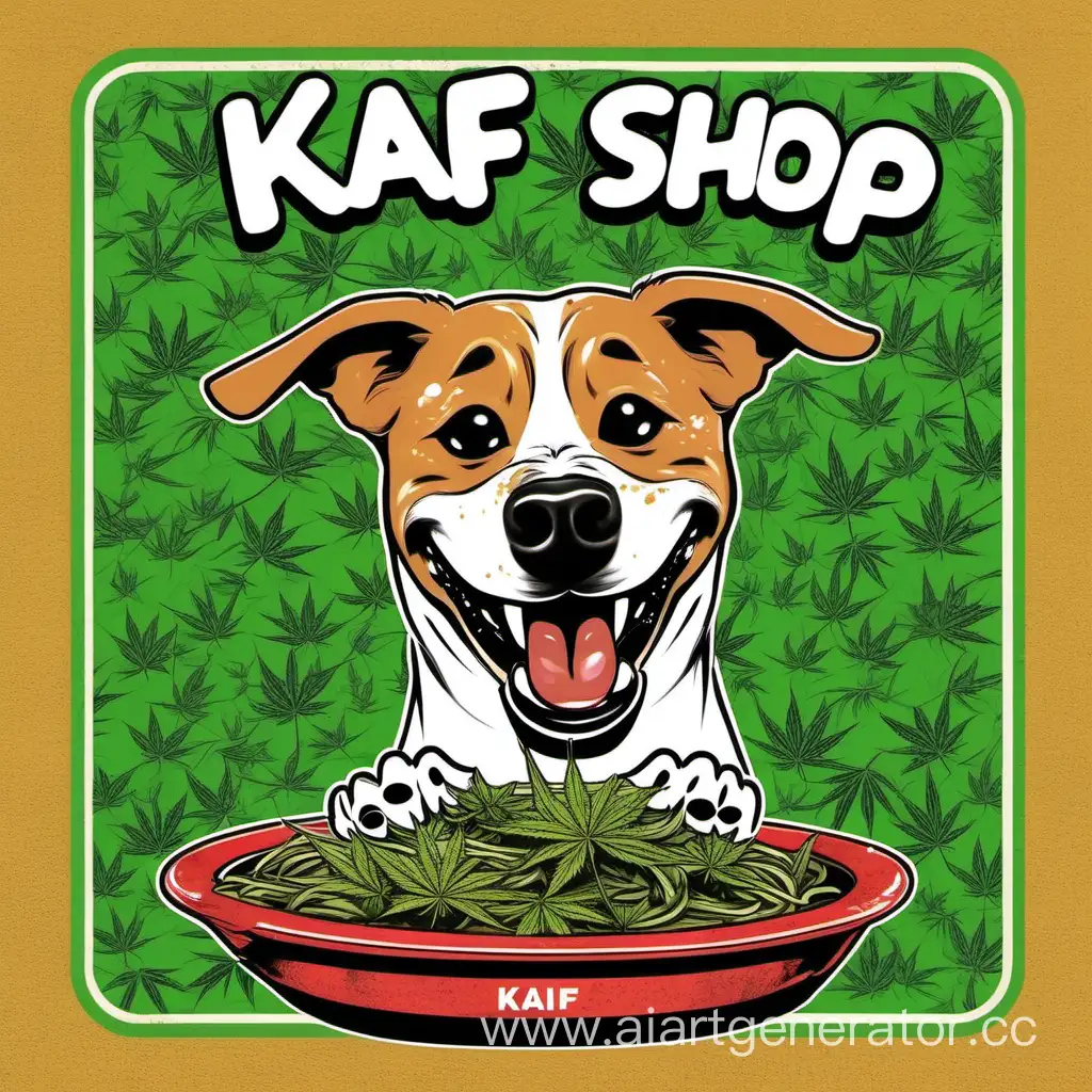веселая собака с слюнями фор из марихуаны снизу написано kaif shop