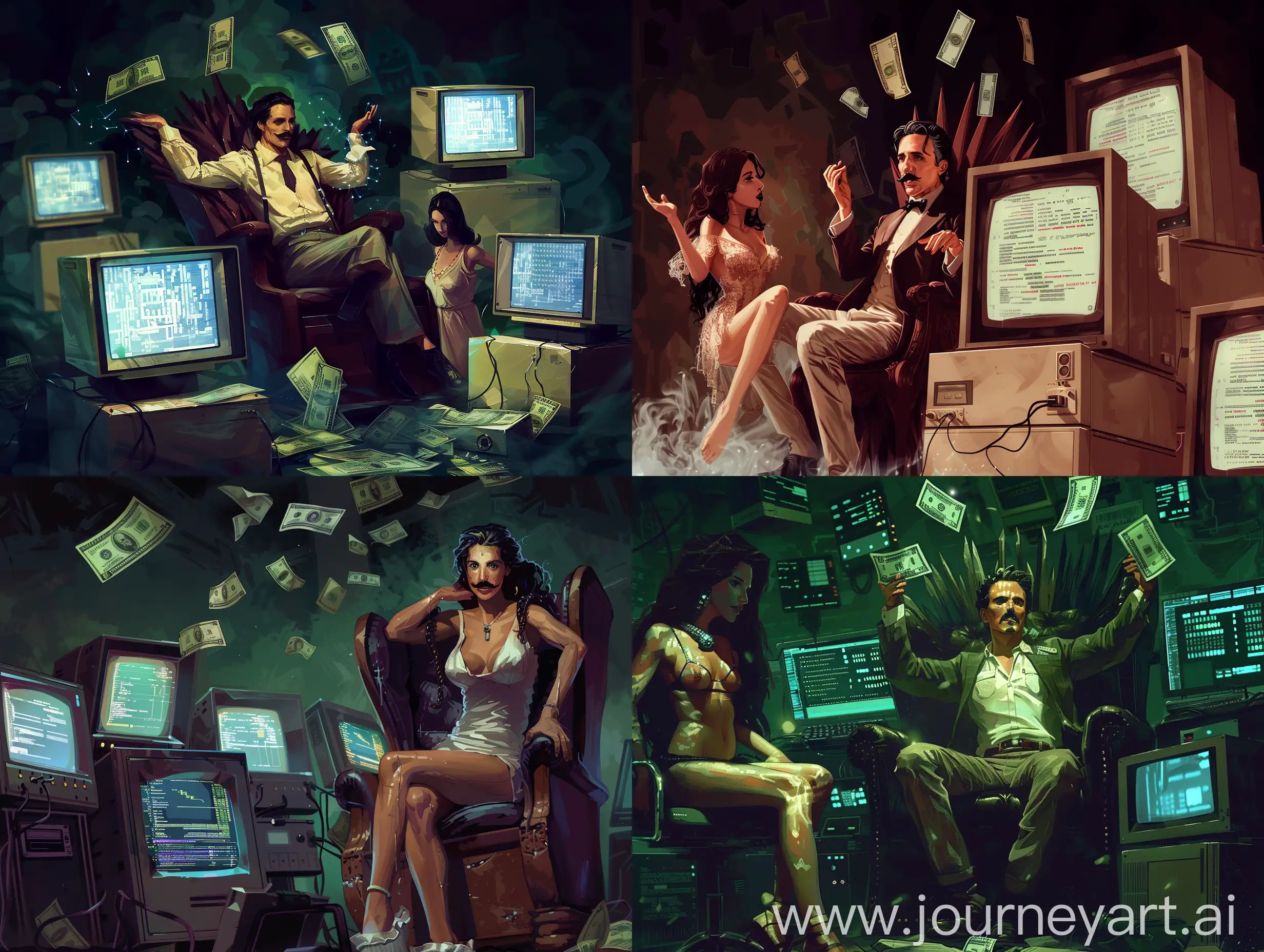 Nikola Tesla became an IT specialist. He sits on a throne among computers and throws money around. The computers show the program code. There is a gorgeous girl standing next to me. Dark background. In a painted style