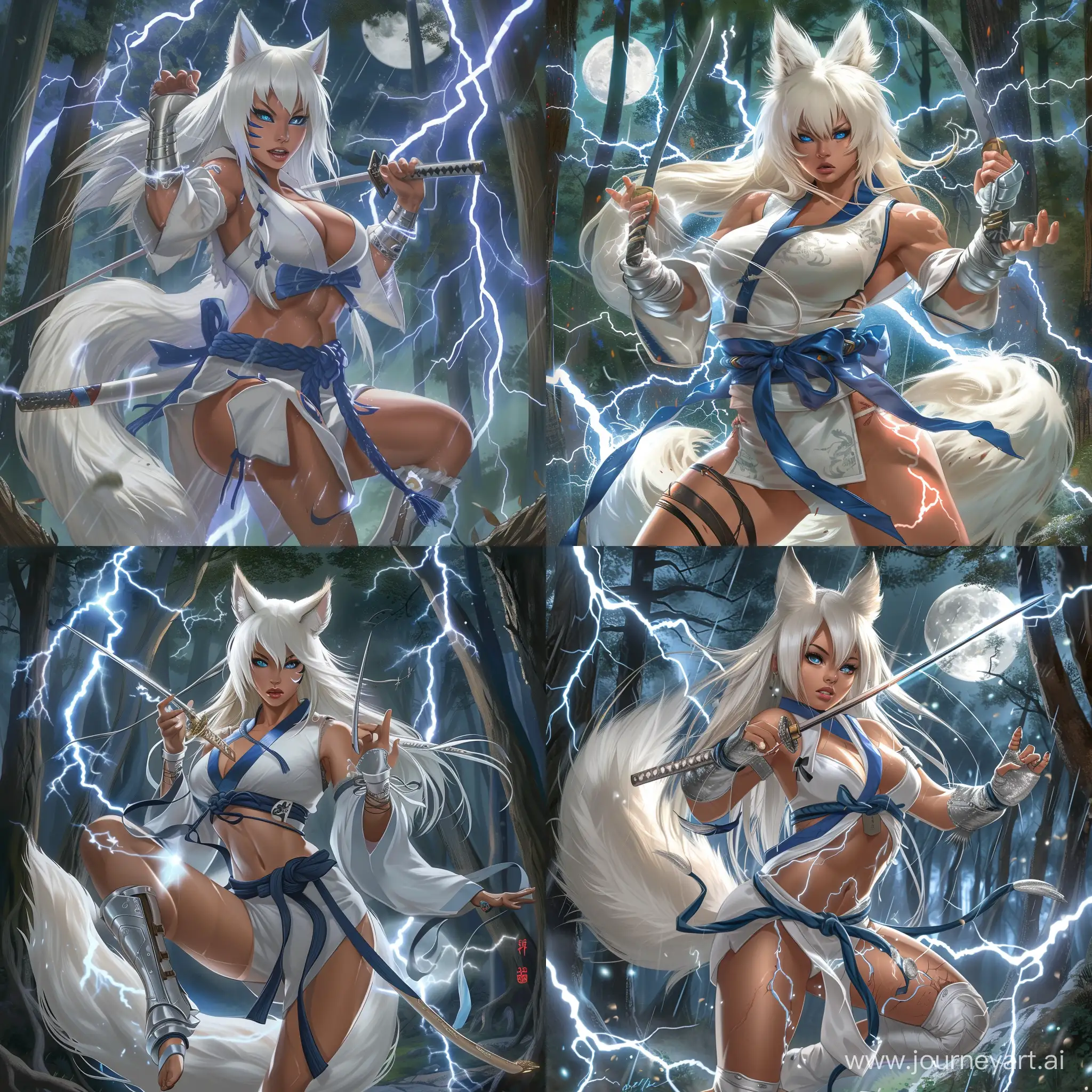 anime-style, full body, athletic, muscular, tan skin, adult, asian woman, long white hair, white fox ears, white fox tail attached to her waist, fierce blue eyes, wearing a white and blue martial arts gi, holding a katana, dynamic, silver gauntlets, silver boots, using lightning magic, surrounded by lightning, forest, night, full moon