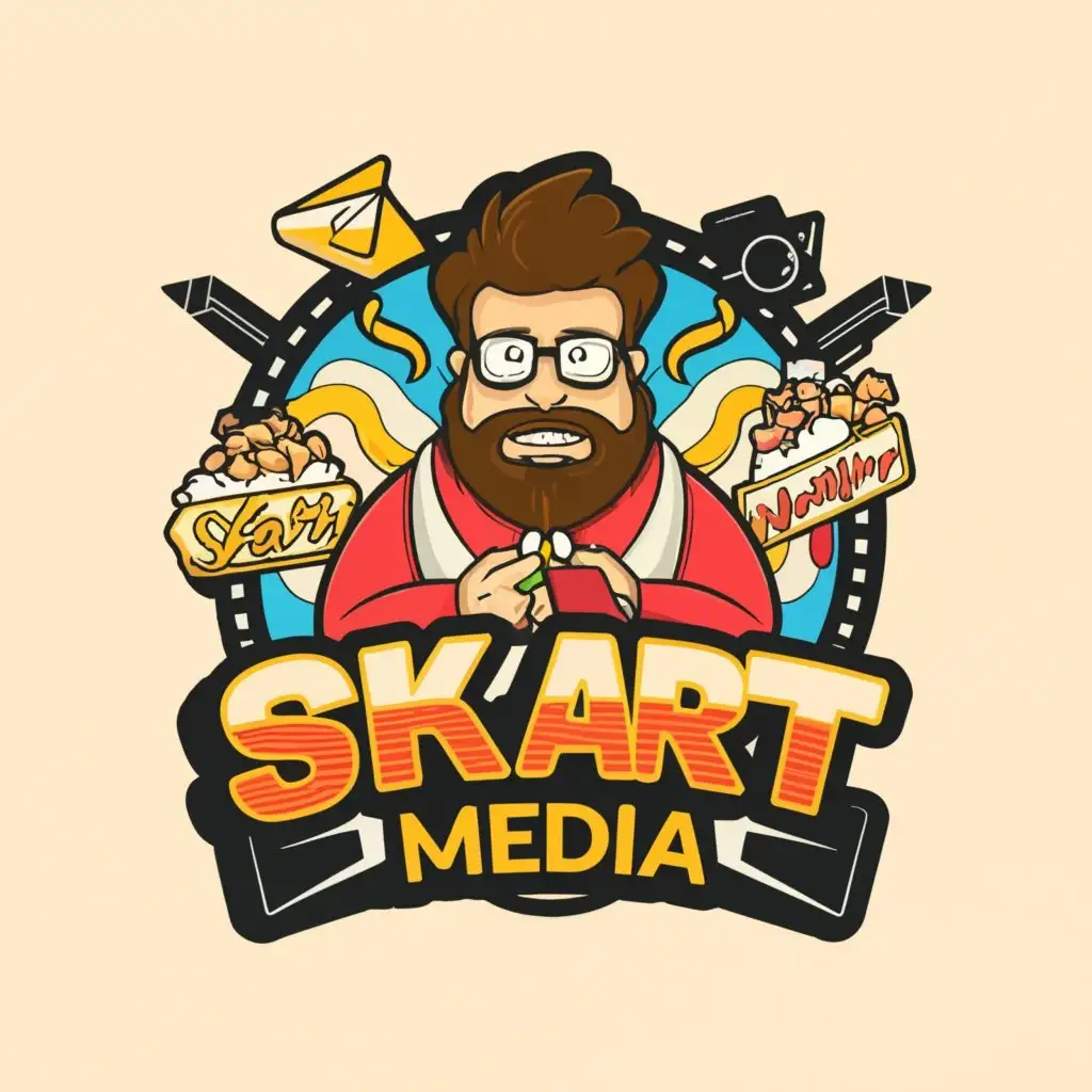 a logo design, with the text Skart Media, main symbol: digital marketing and movie industry and photography happy fat bearded man in center, complex not symetrical, be used as sticker, without background