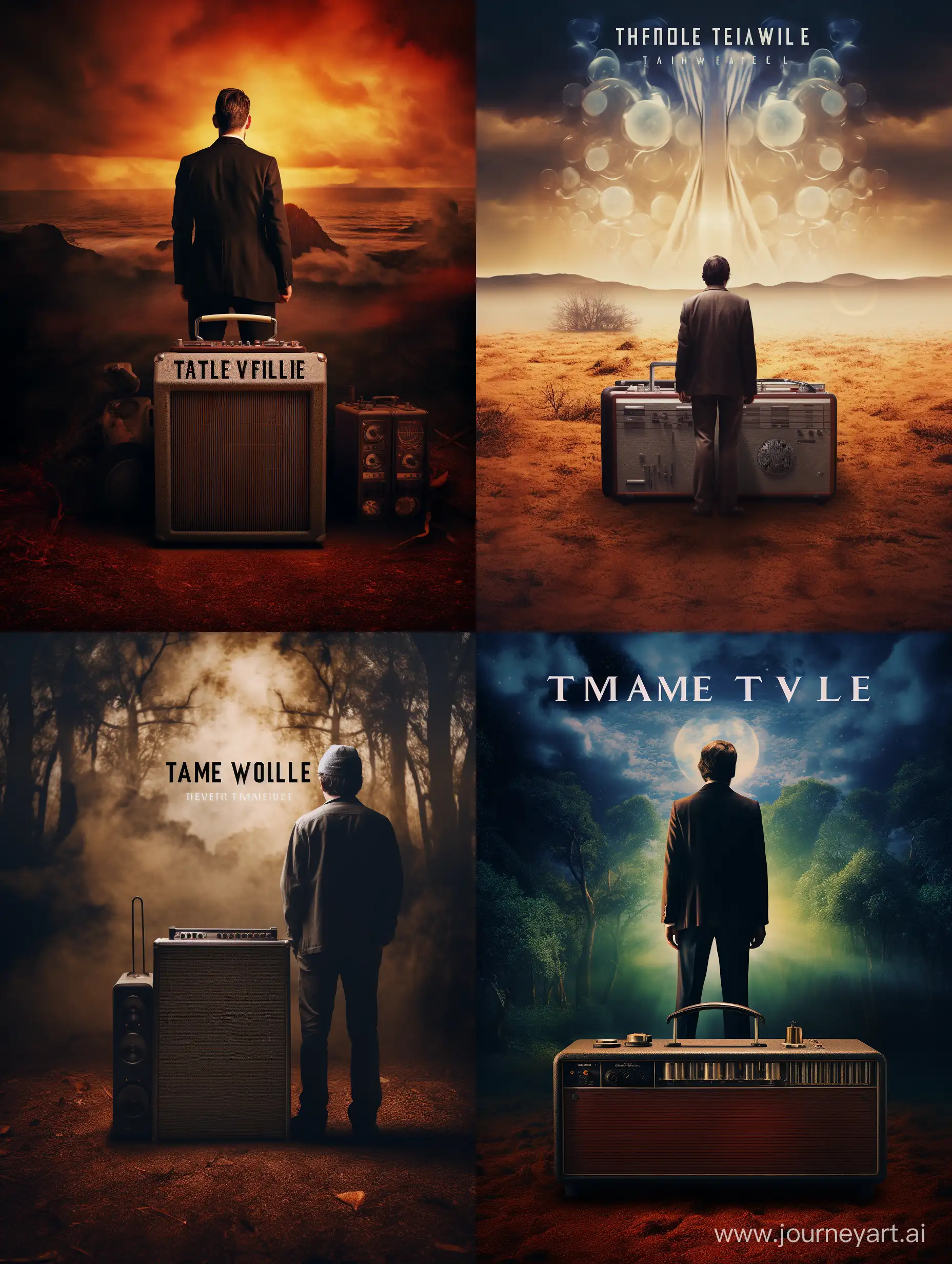 A man standing with an old amplifier, timetravel movie poster