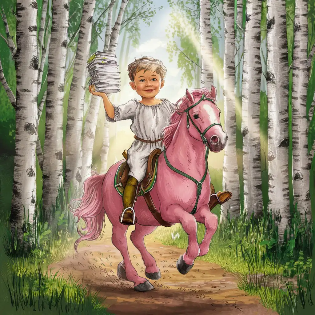 a little boy in simple white linen clothes with sheets of poetry in his hand on a pink horse, standing up in stirrups, rushes through a dense birch forest in the early morning