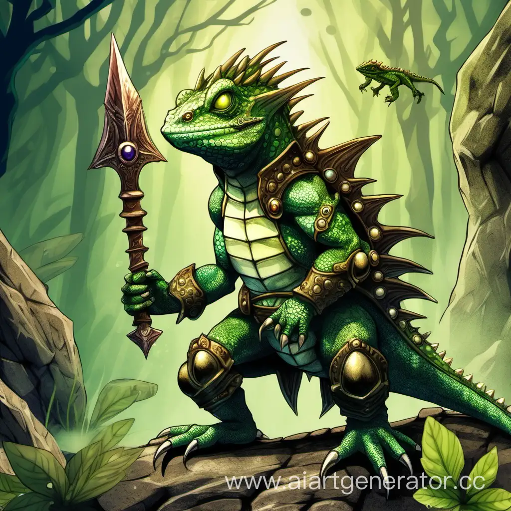 Magical-Lizard-Warrior-Battling-Stone-Monsters-in-Enchanting-FairyTale-Scene