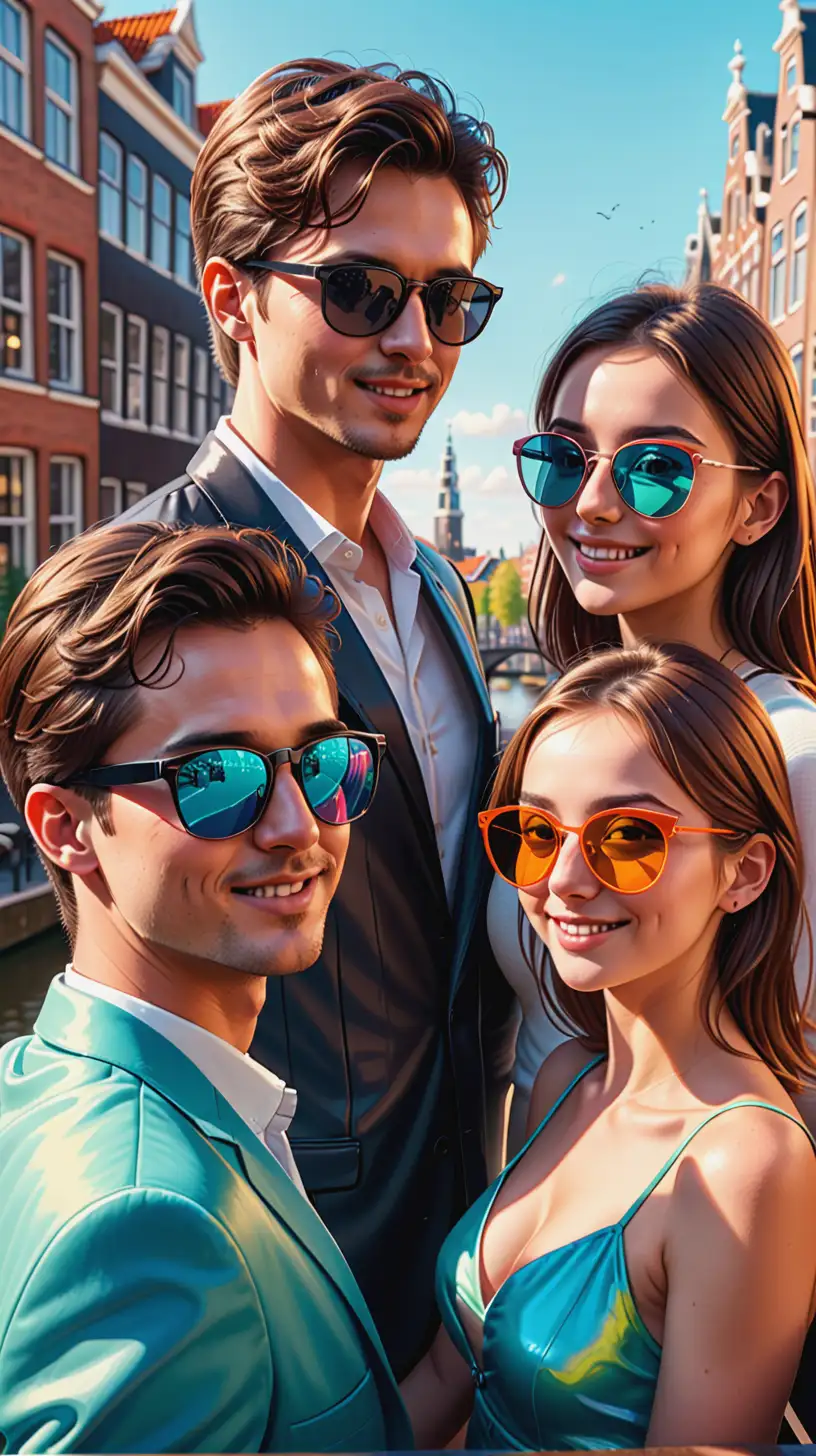 digital illustration of two couples on an Amsterdam terrace, making a business deal , black shiny sunglasses, canal view in the background, high quality, detailed, vibrant colors, anime style, warm lighting, urban setting, stylish sunglasses, modern fashion, job deal talking, happy and relaxed atmosphere