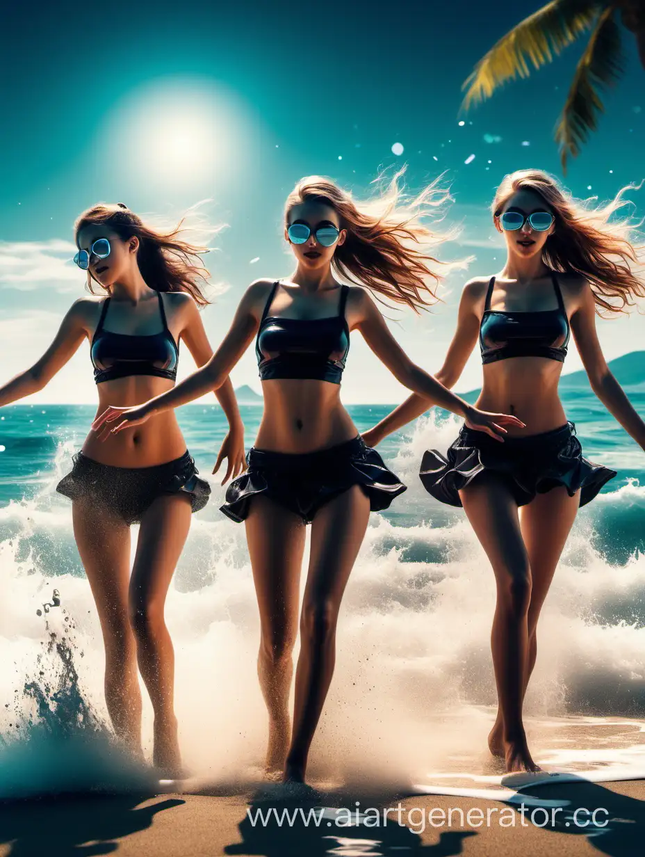 background for the flyer, techno music, beach party, ocean view, girls dancing, sensual, girls swimming, special effects, 16-year-old girls, 175 cm digital