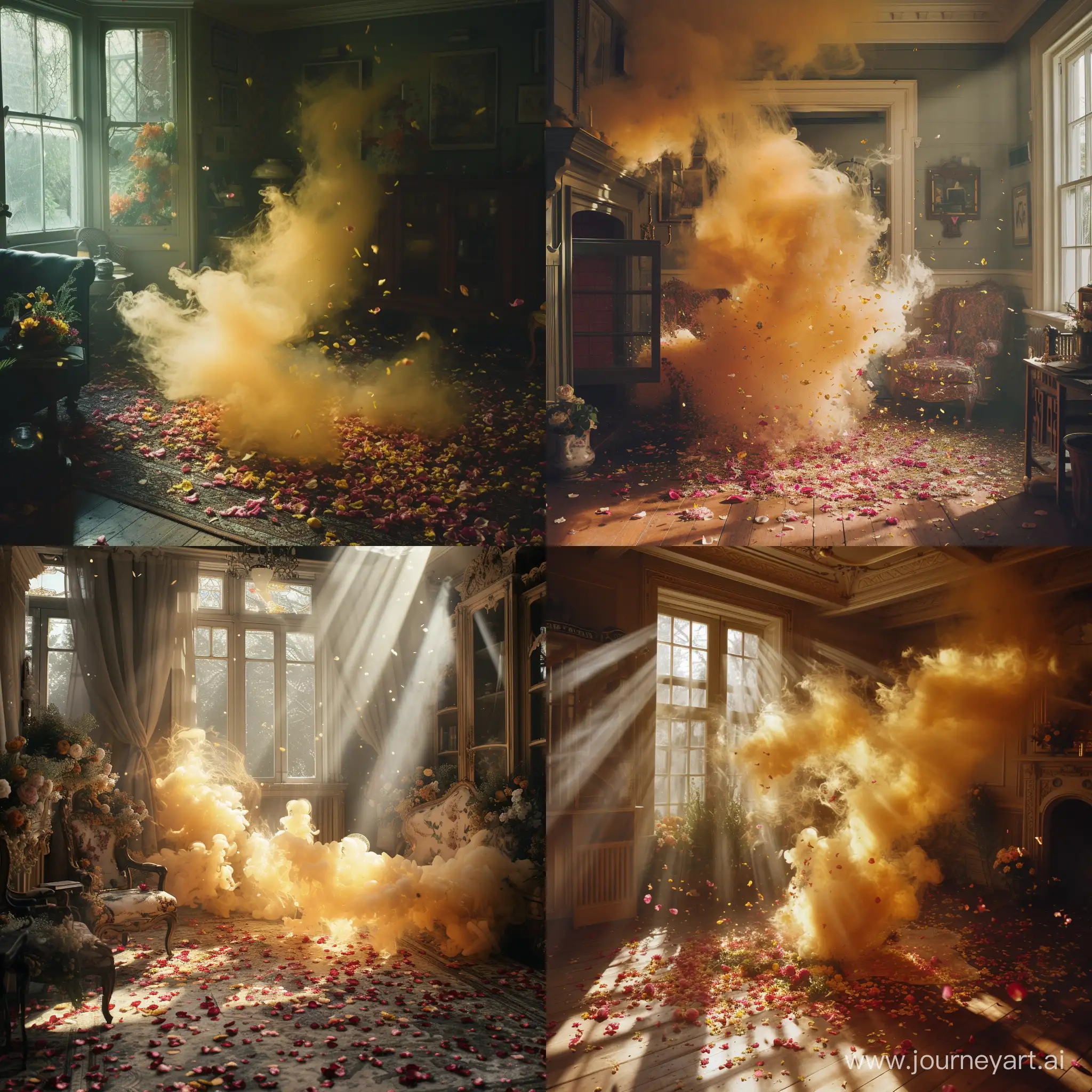 Victorian man, insanely cozy room, flower petals on the floor, golden smoke across the room, 