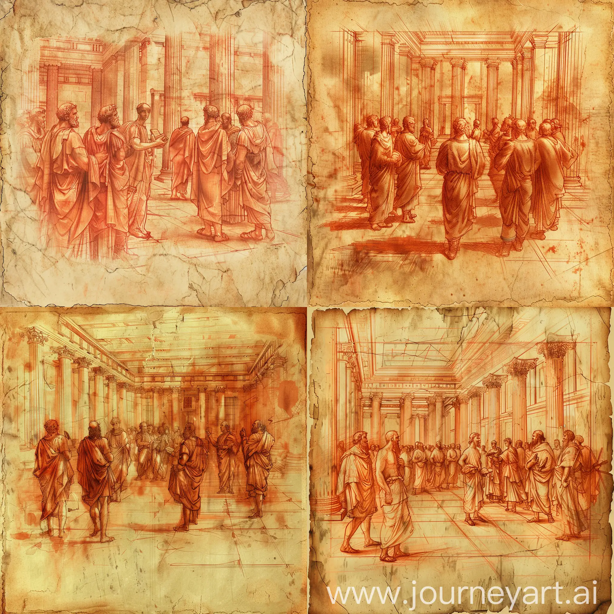 vibrant sketch on aged parchment, utilizing the deep, reddish hues of sanguine to capture the essence of Raffaello Santi's Renaissance artistry. The scene unfolds within an ancient Greek philosophical school, where a group of philosophers is depicted in the midst of a passionate debate. Each figure is carefully crafted to convey the intensity of their discussion through expressive gestures and animated facial expressions. The setting, characterized by classical Greek architecture, features detailed columns and a spacious hall, adding a sense of grandeur and depth to the composition. This artistic rendering, while focused on the interaction of the philosophers, also pays homage to the principles of perspective, creating a realistic and engaging space that invites the viewer into the scene. The sketch stands out for its high resolution and sharp contrast, emphasizing the textures and emotions of the moment. The interplay of light and shadow not only highlights the architectural beauty of the hall but also accentuates the dynamic expressions of the philosophers, making the scene both intellectually engaging and aesthetically pleasing. This creation bridges the gap between history and art, offering a glimpse into the rich discourse of ancient Greek philosophy through a lens of Renaissance-inspired craftsmanship