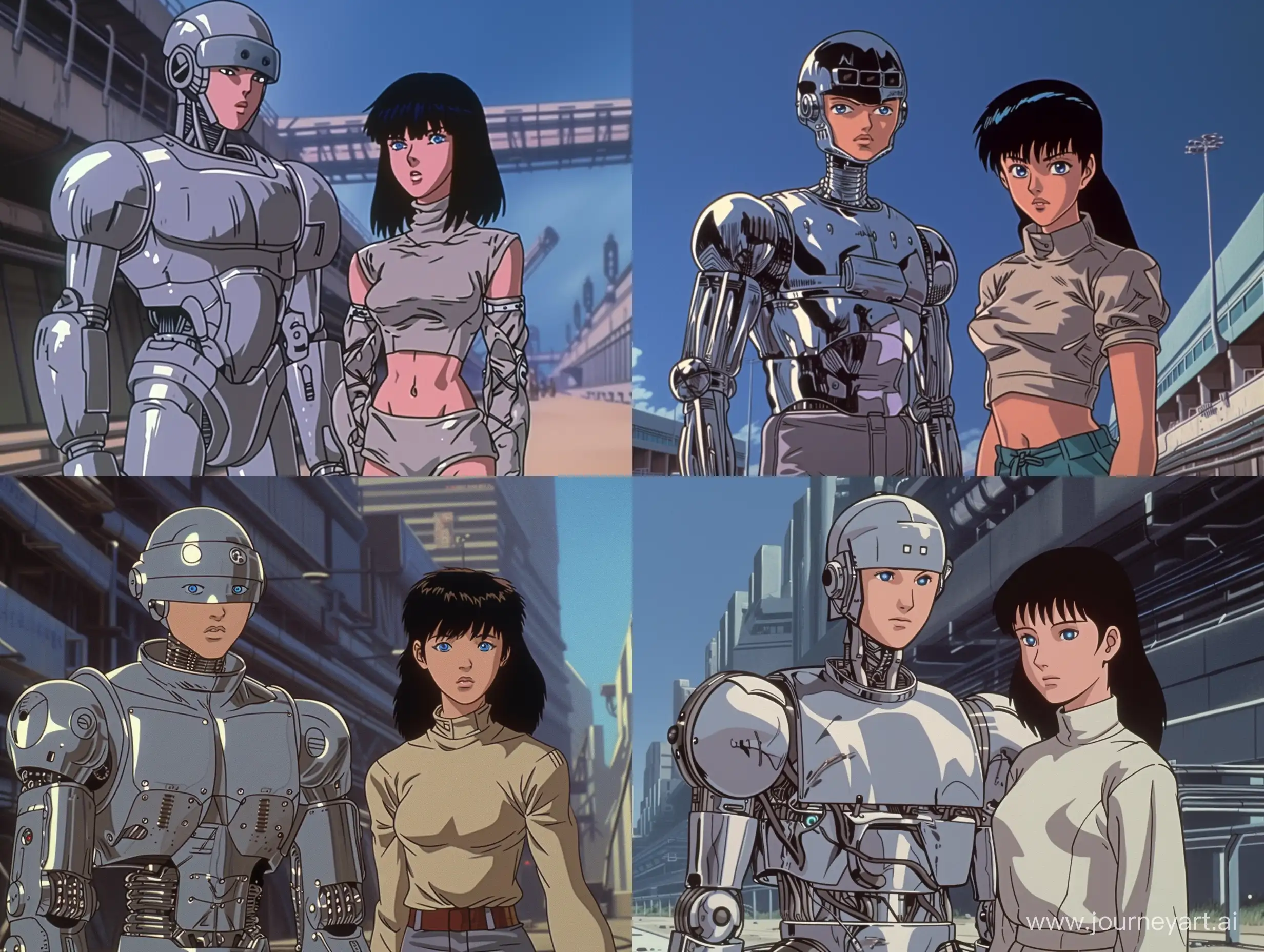 a old 90s cartoon still of a silver cyborg male standing next to his female partner, nostalgia, anime, akira 1988 still, they have blue eyes, standing in a open area, full body, outside city environment, dystopian, 
