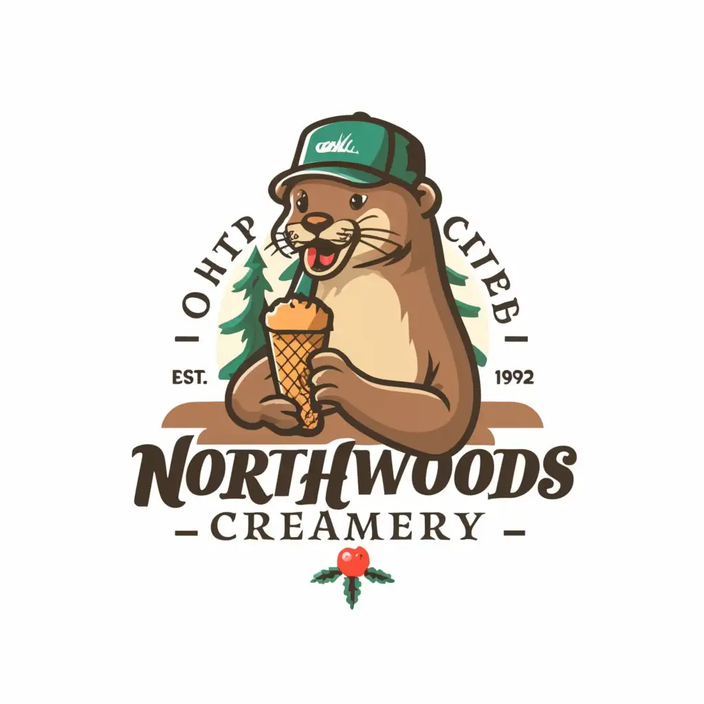 a logo design, with the text 'Northwoods Creamery', main symbol:Otter, ice cream, trees in background, Moderate, clear background