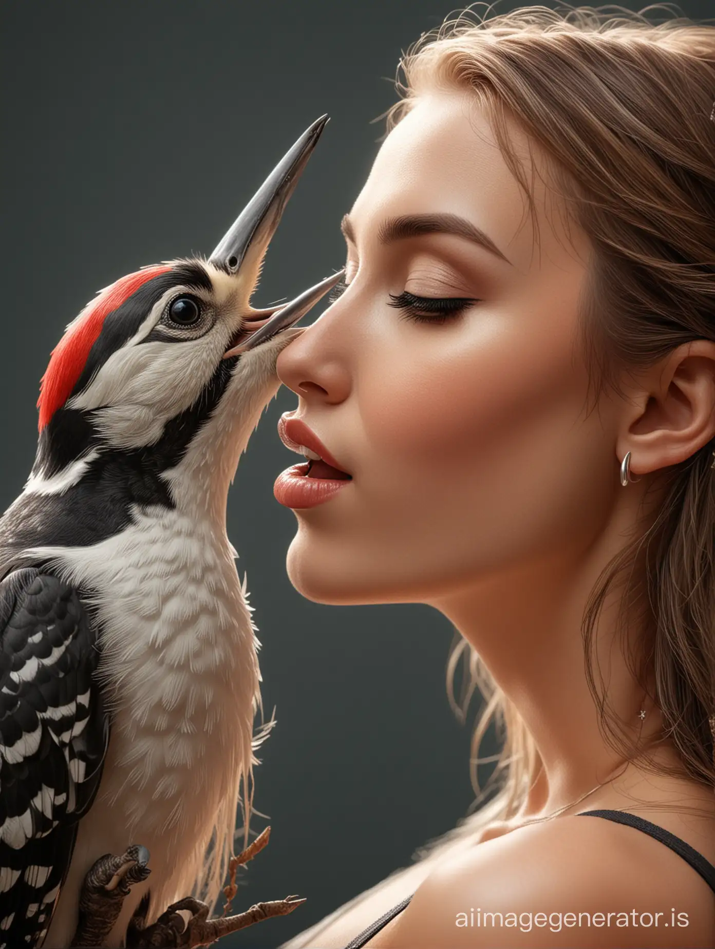 Realistic, Hight resolution, Logo woodpecker kiss cute sexy woman
