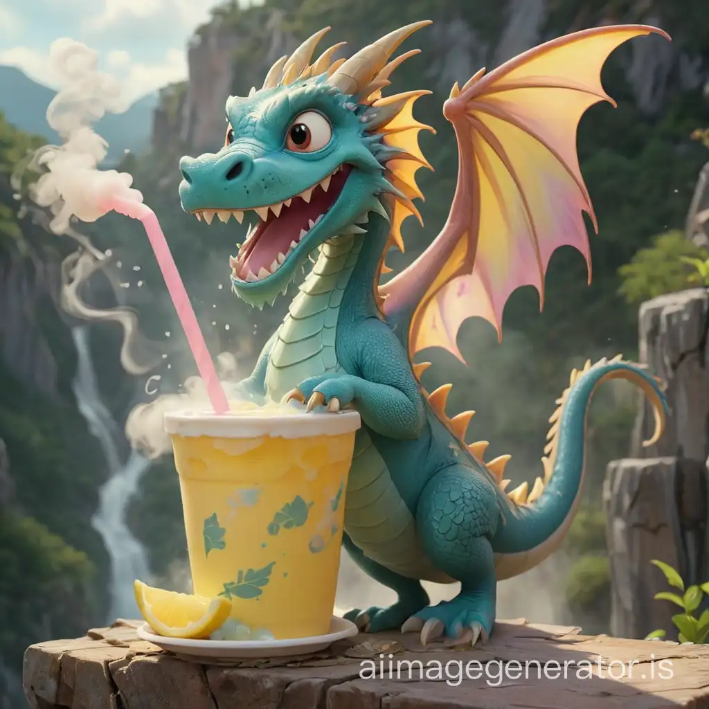 Cardboard cup with a dragon on the incline. Lemonade spills out of it. Colored smoke flies out of the straw and surrounds the cup. Image in pastel colors.